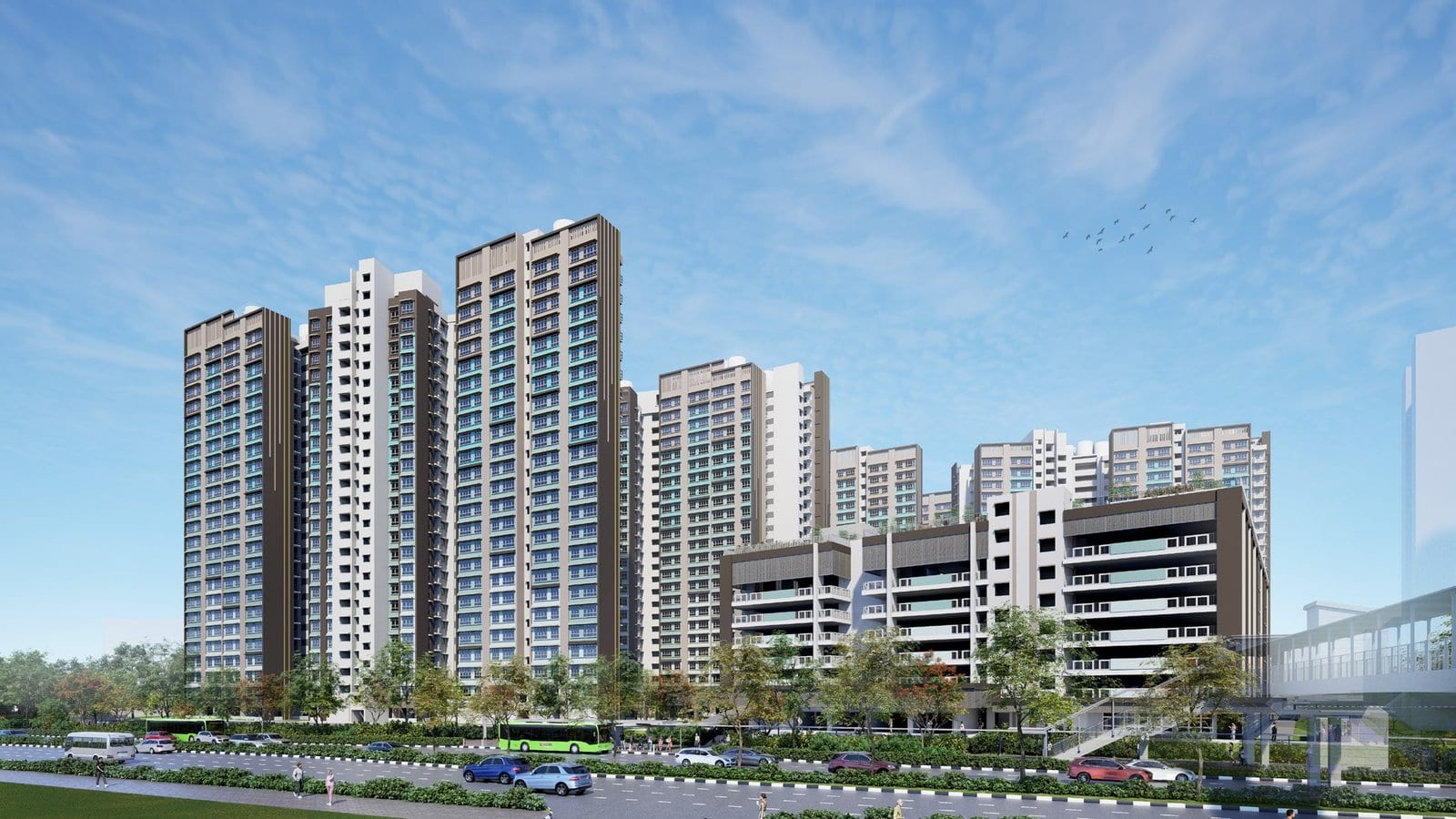 HDB's artist's impression of Oak Ville @ AMK: the blocks and car park along a road.