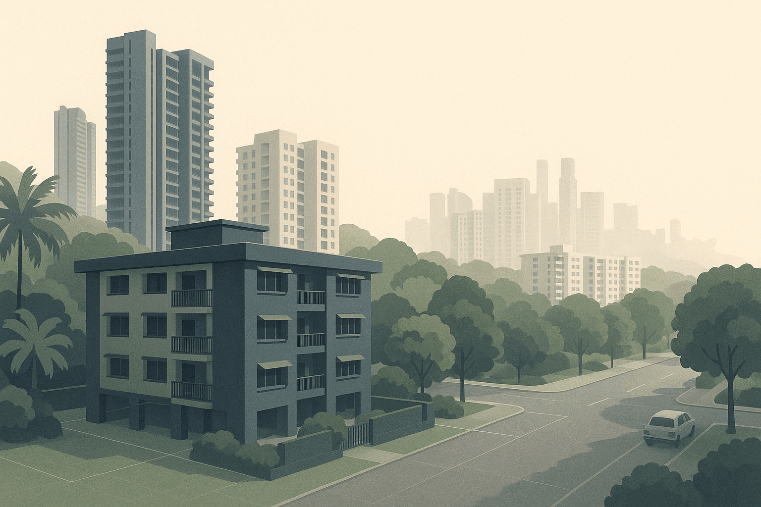 An older Singapore condominium in the foreground with newer condos and HDB blocks behind it, shown in a calm editorial illustration with subtle planning-style overlays and tropical greenery.