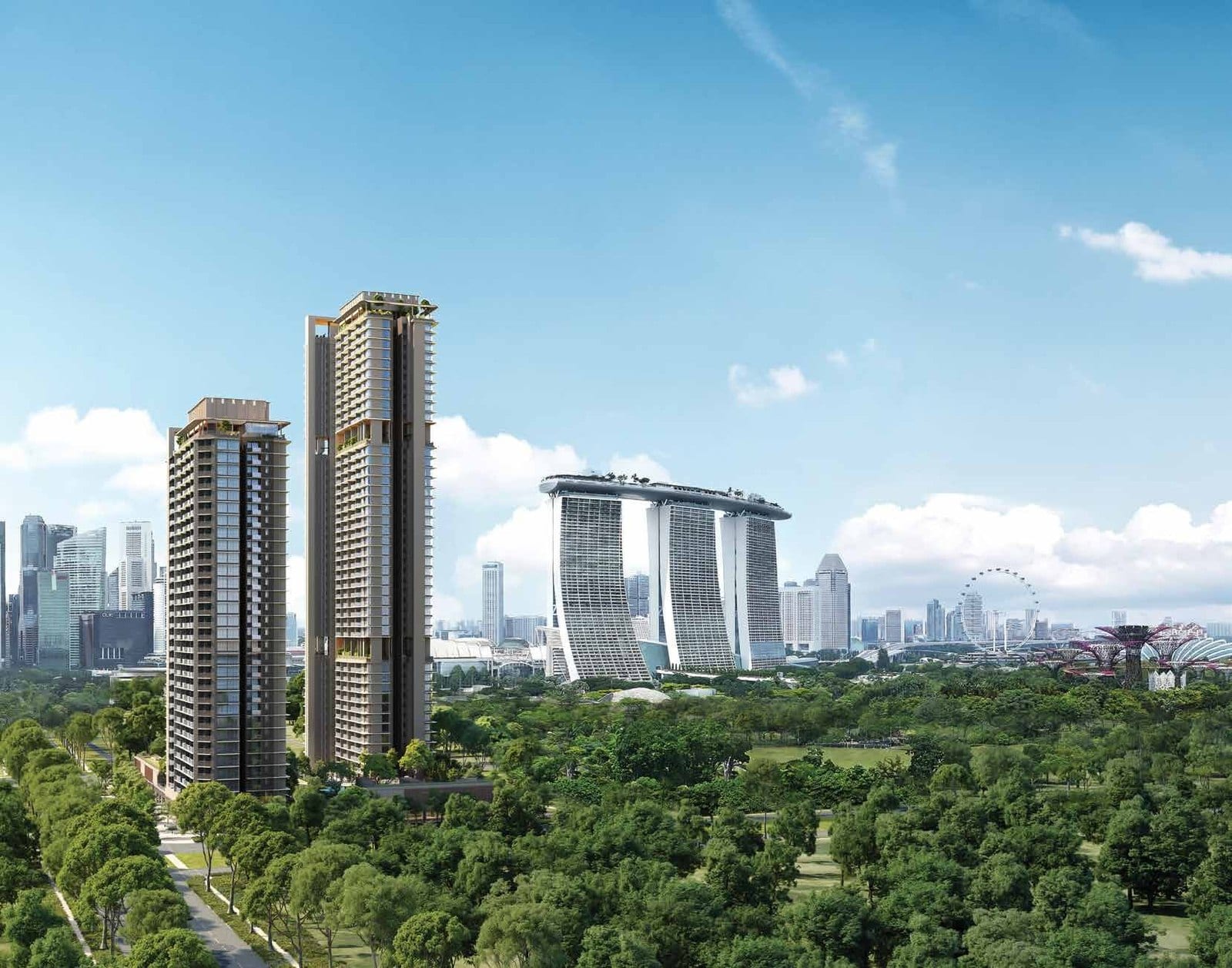 Artist's impression of One Marina Gardens' twin residential towers rising over lush parkland, with Marina Bay Sands, the Gardens by the Bay Supertrees and the Singapore Flyer along the skyline behind.