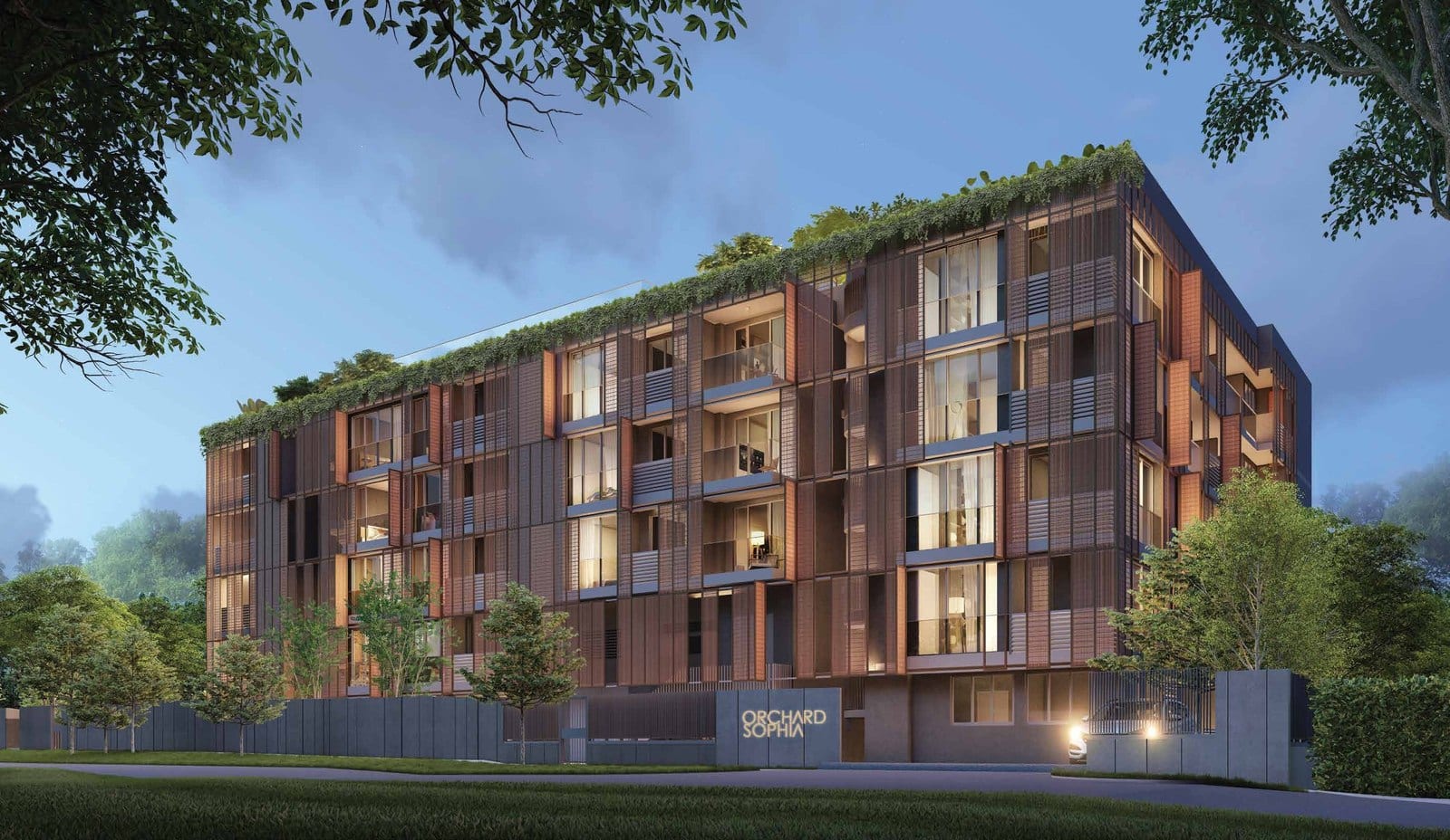 Evening render of the low-rise Orchard Sophia freehold boutique — a timber-screened facade with rooftop greenery and the Orchard Sophia entrance nameplate, in District 9.