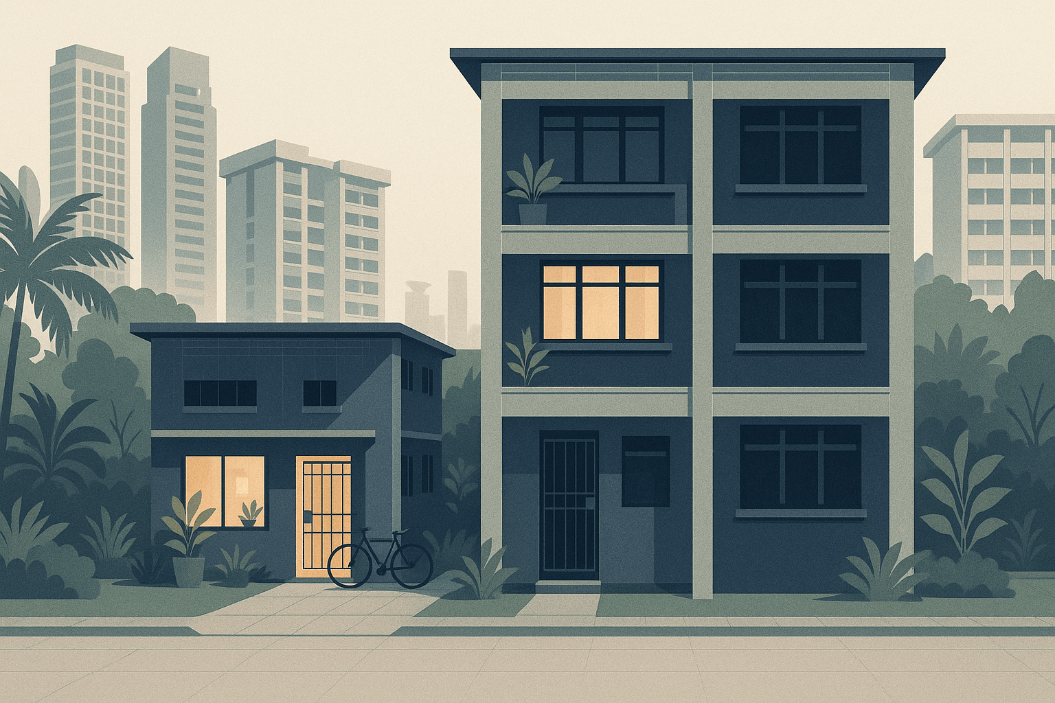 A calm Singapore residential scene with two neighboring homes subtly contrasted by lived-in warmth on one side and a quieter rental-like feel on the other, set against condo towers, HDB blocks, and tropical greenery.