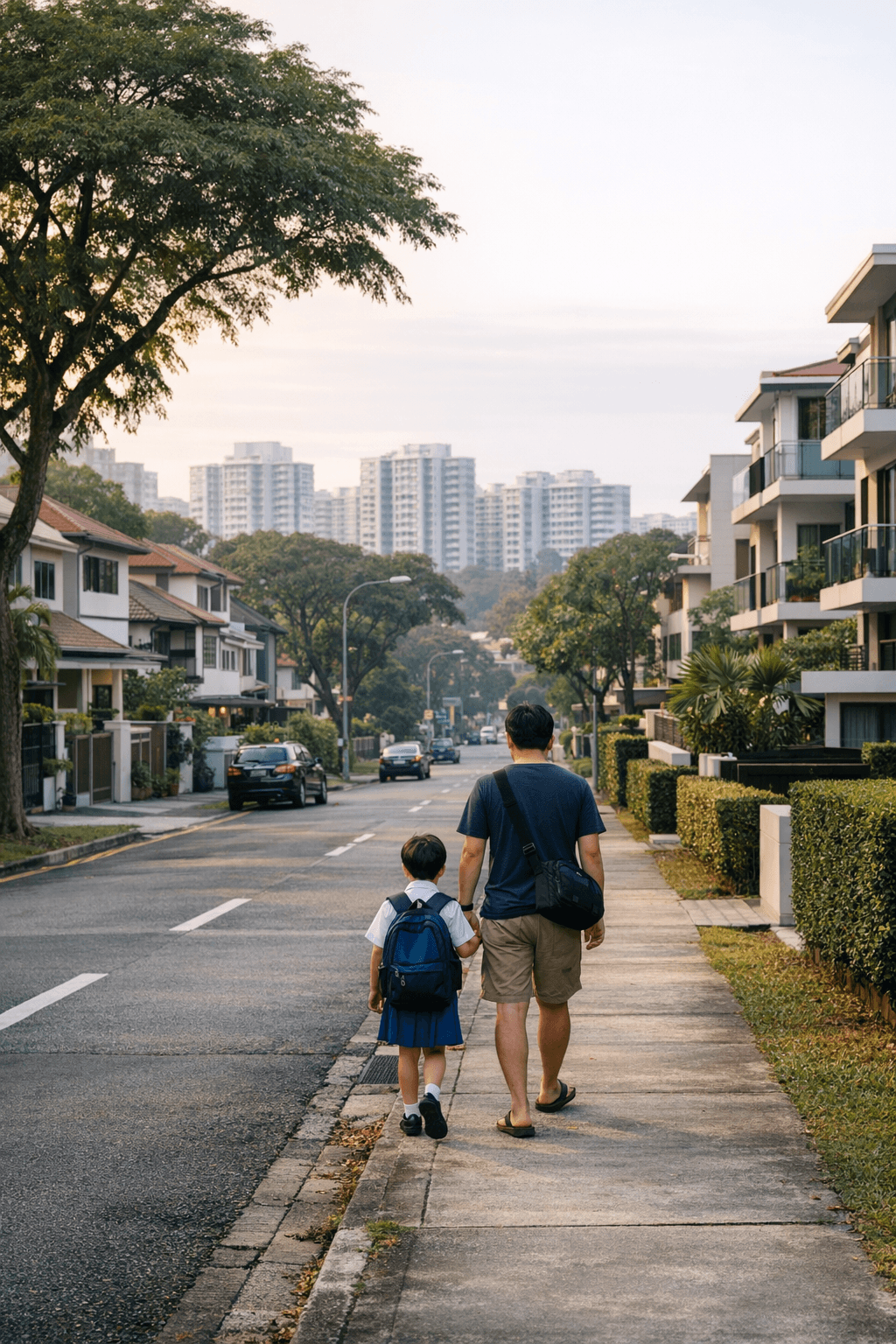 A parent walks a young child to school along a tree-lined Singapore street, with condominiums nearby and HDB blocks in the distance