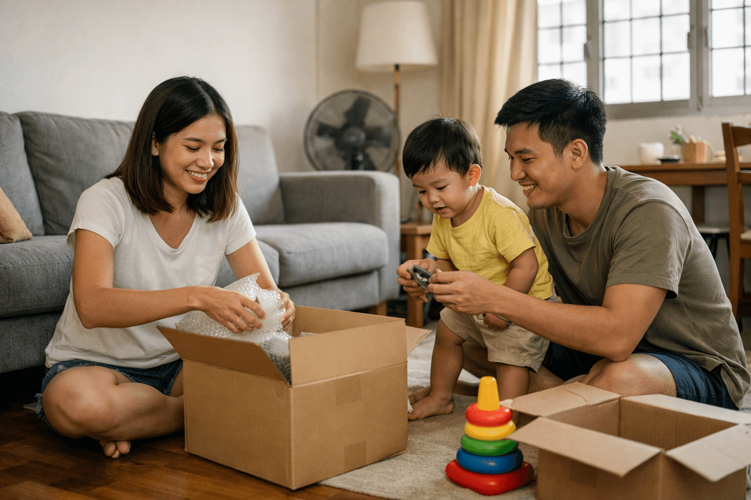 A young couple with a toddler unpacking in the living room of a rented HDB flat.