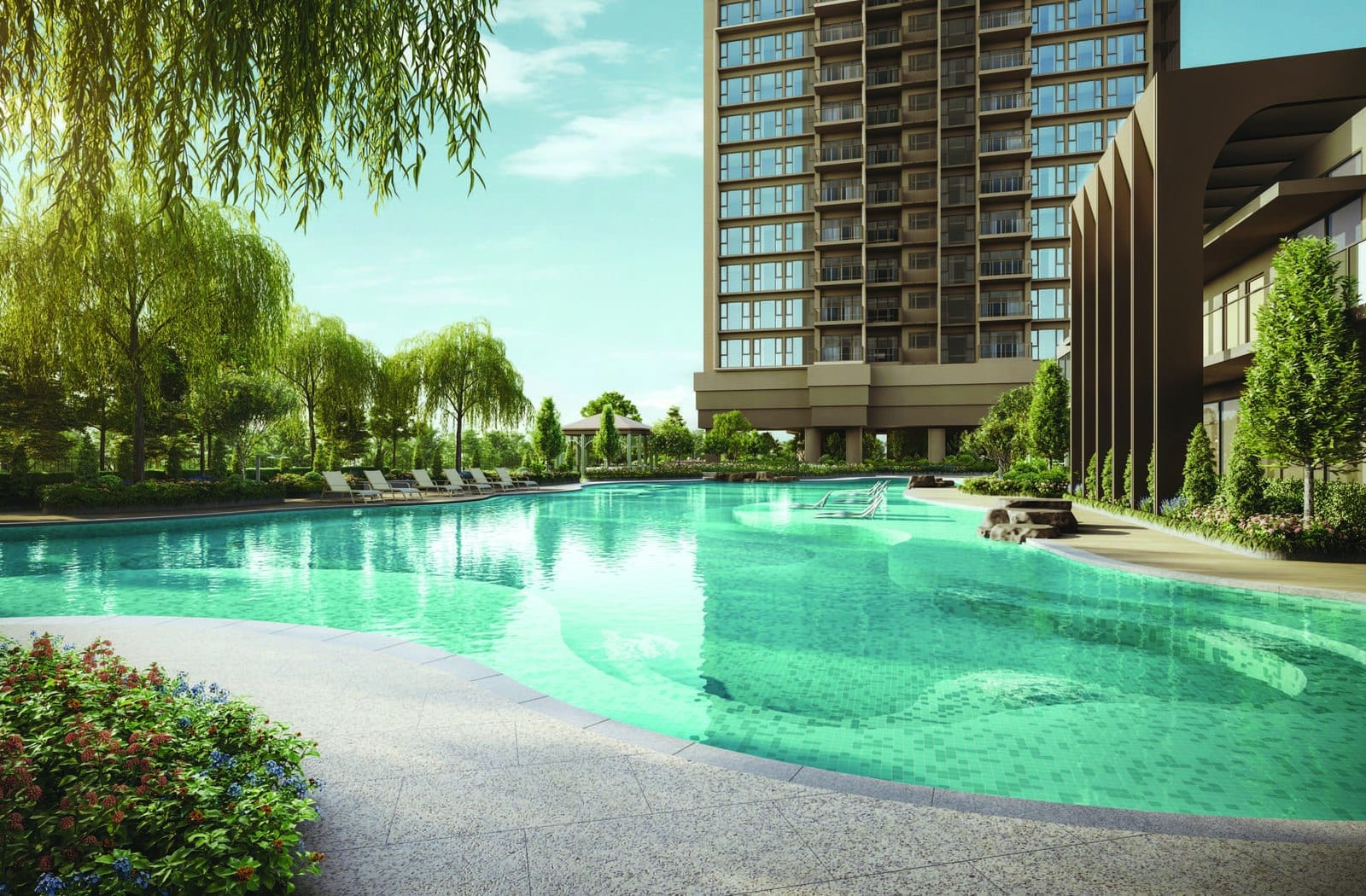 A residential tower at Penrith rising above the resort-style lagoon pool, District 3 near Queenstown.
