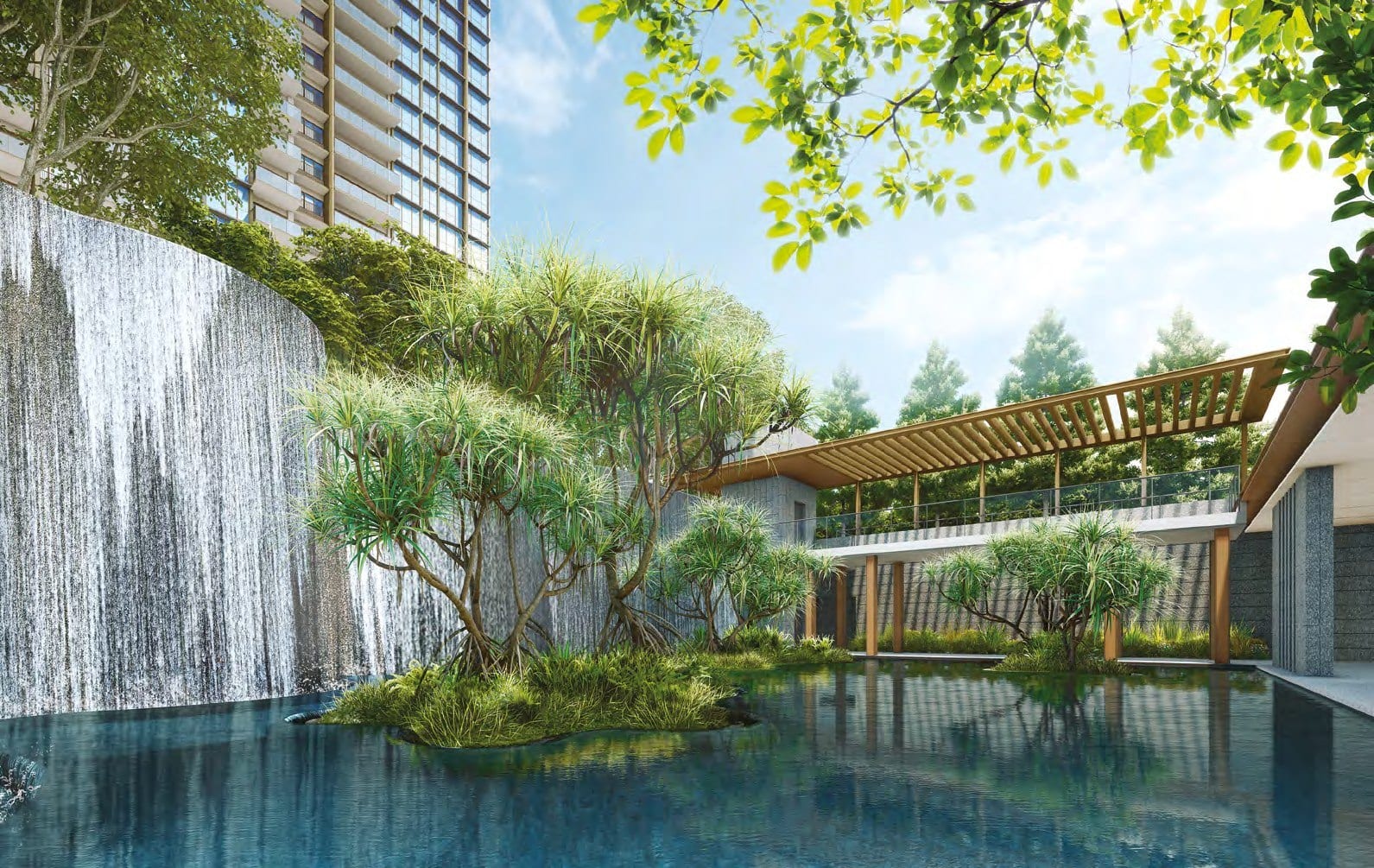 Render of Pinetree Hill's landscaped grounds — a cascading water wall and reflecting pool framed by tropical planting, with one of the residential towers rising behind, in the Ulu Pandan enclave of District 21.