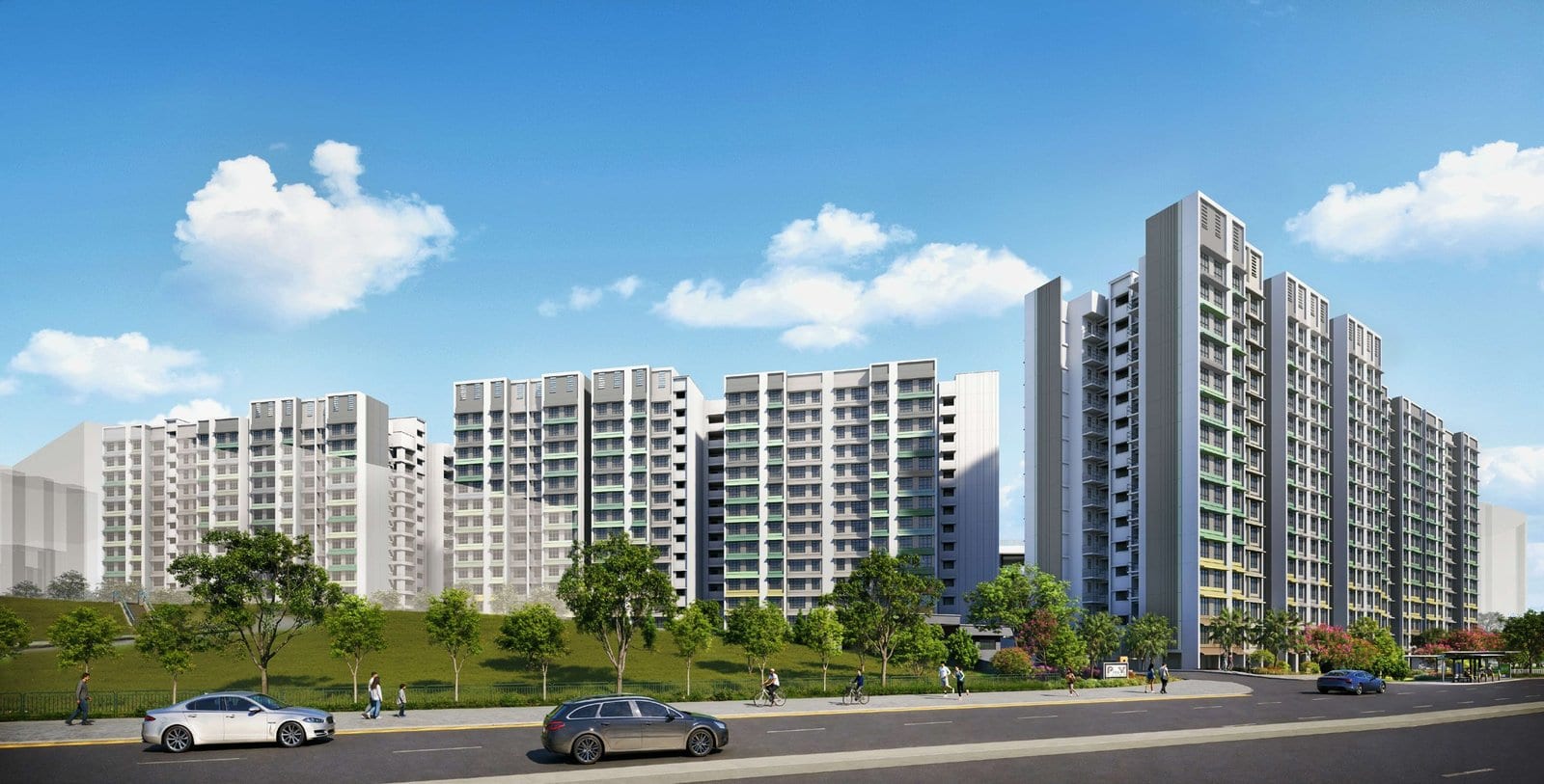 HDB's artist's impression of Ping Yi Court: a row of blocks behind a tree-lined road.