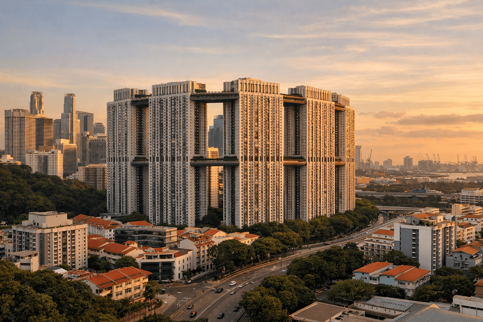 The Pinnacle@Duxton high-rise HDB blocks in central Singapore at dusk