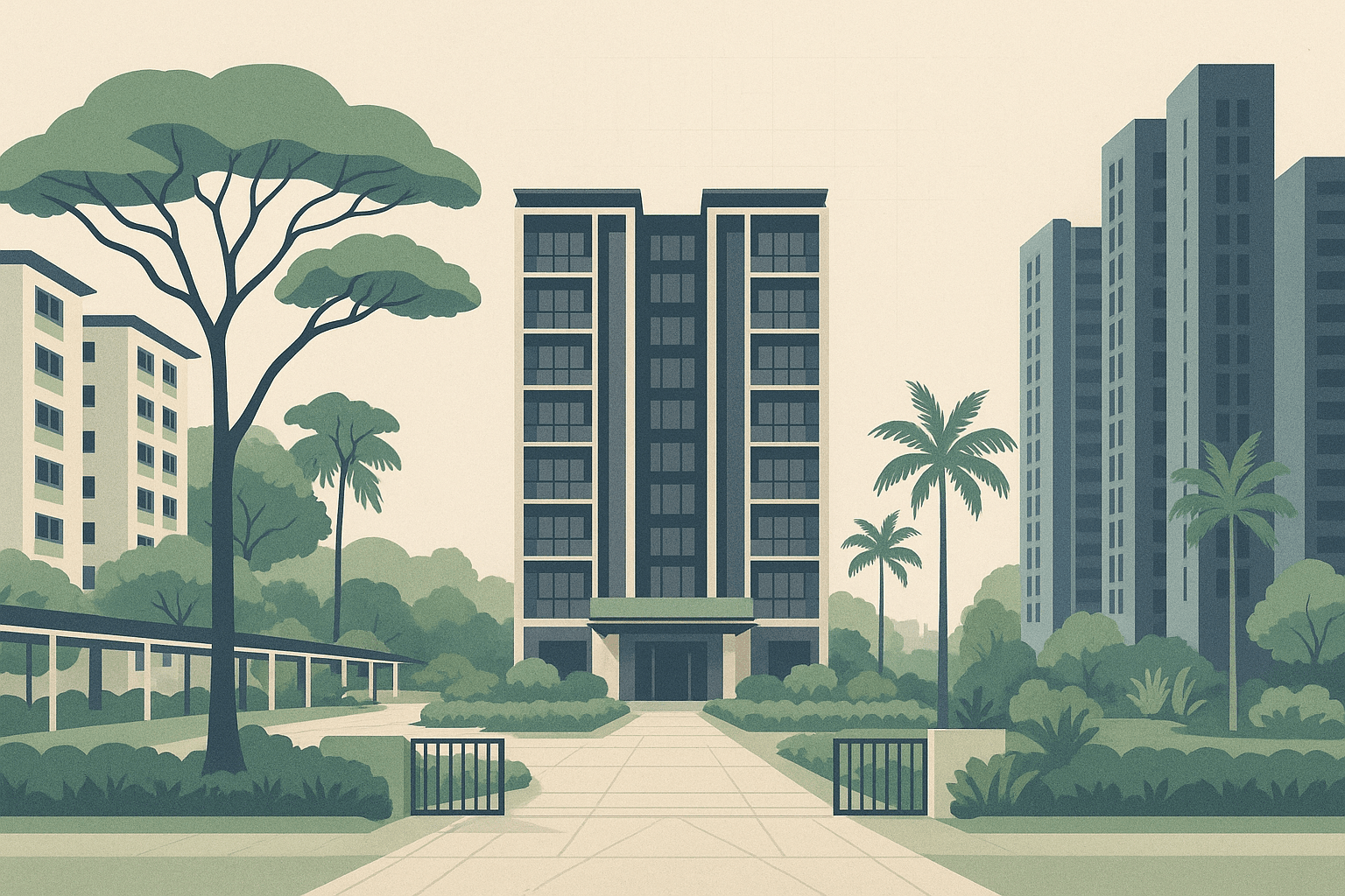 Editorial illustration of a central executive condominium in a Singapore neighbourhood, flanked by HDB blocks and private condo towers, with tropical greenery and a faint city skyline in the distance.