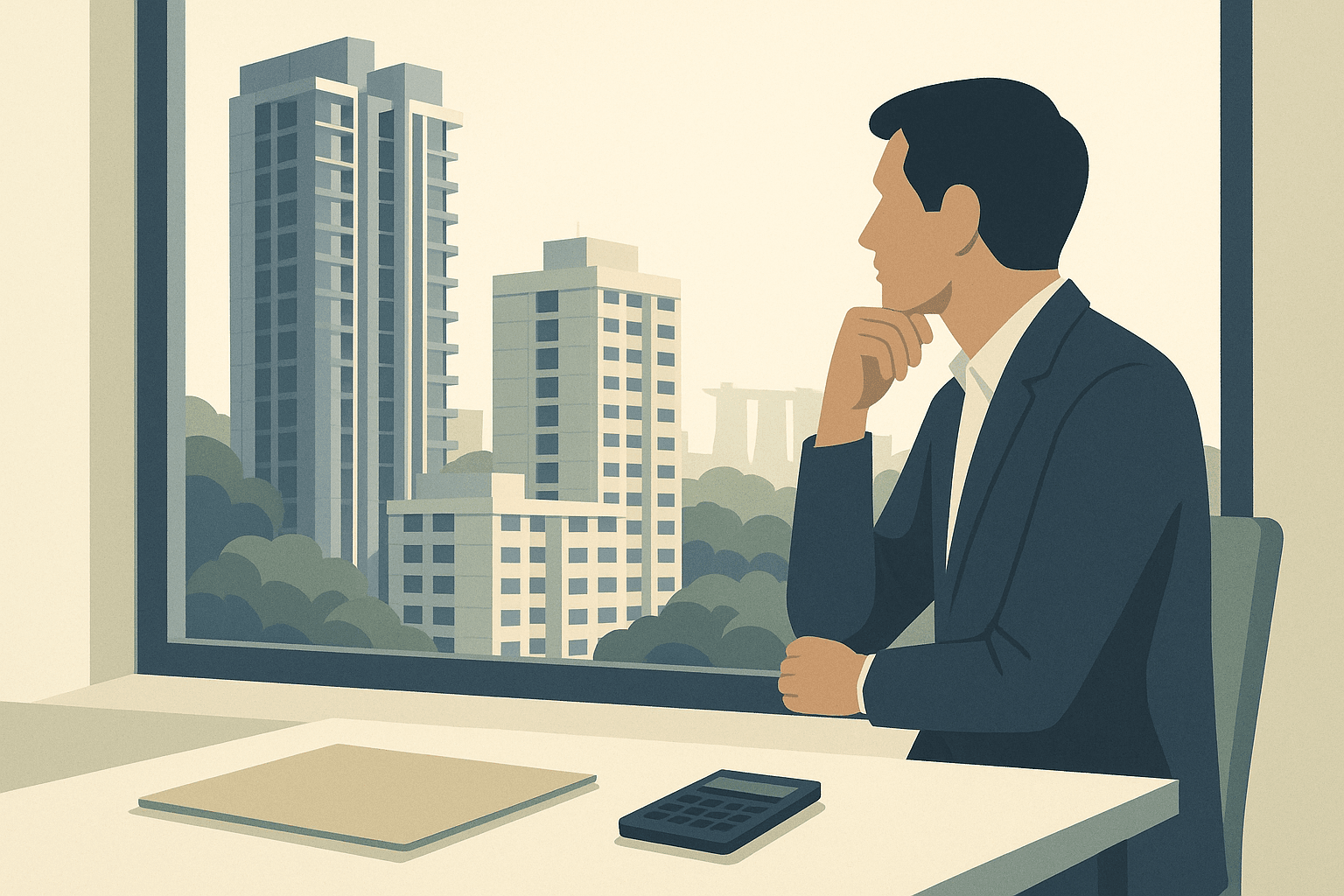 A prospective homebuyer in a calm interior looking out toward a Singapore residential scene with condominium towers, HDB blocks, faint Marina Bay skyline elements, and tropical greenery.