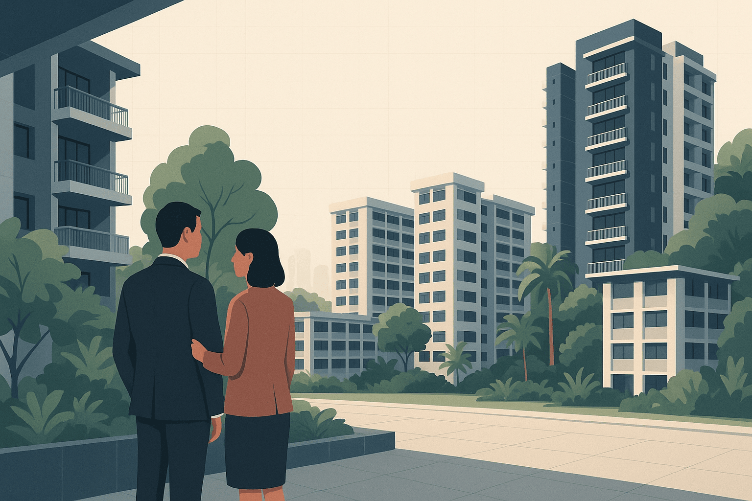 Two buyers stand together in discussion on a quiet terrace overlooking a Singapore residential scene with condominium towers, HDB blocks, tropical greenery and a faint city skyline.