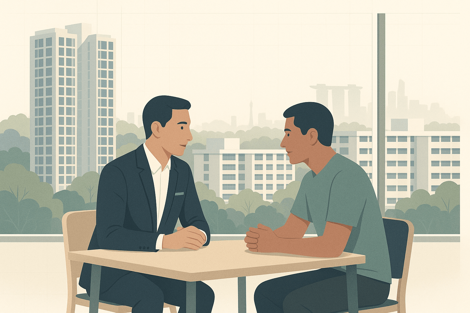 A property agent and client in quiet discussion by a window overlooking a Singapore neighbourhood with both condominium towers and HDB blocks.