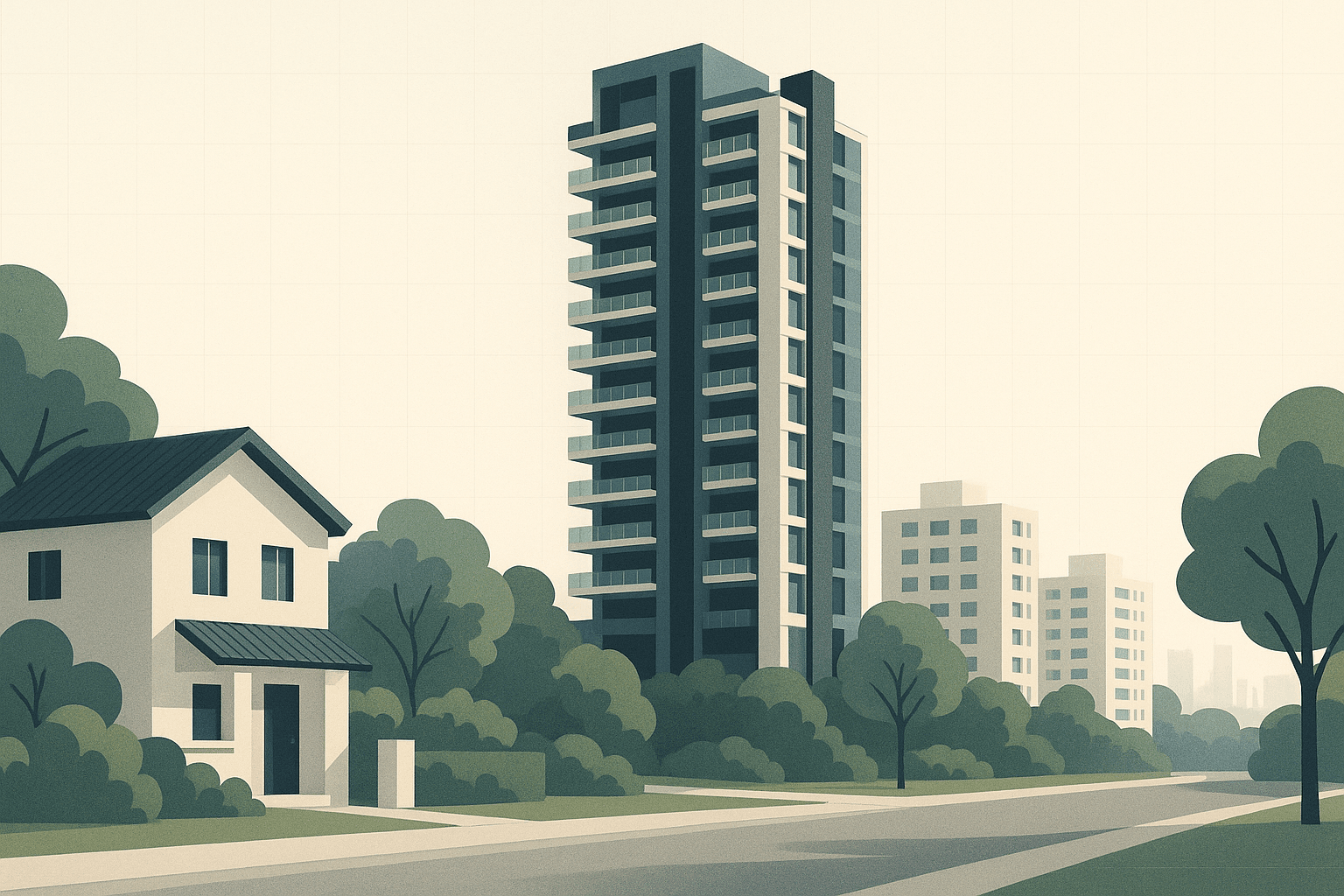 Editorial illustration of a Singapore residential neighbourhood with a prominent condominium tower, a landed house to one side, distant HDB blocks, soft tropical greenery, and a faint city skyline in the background.