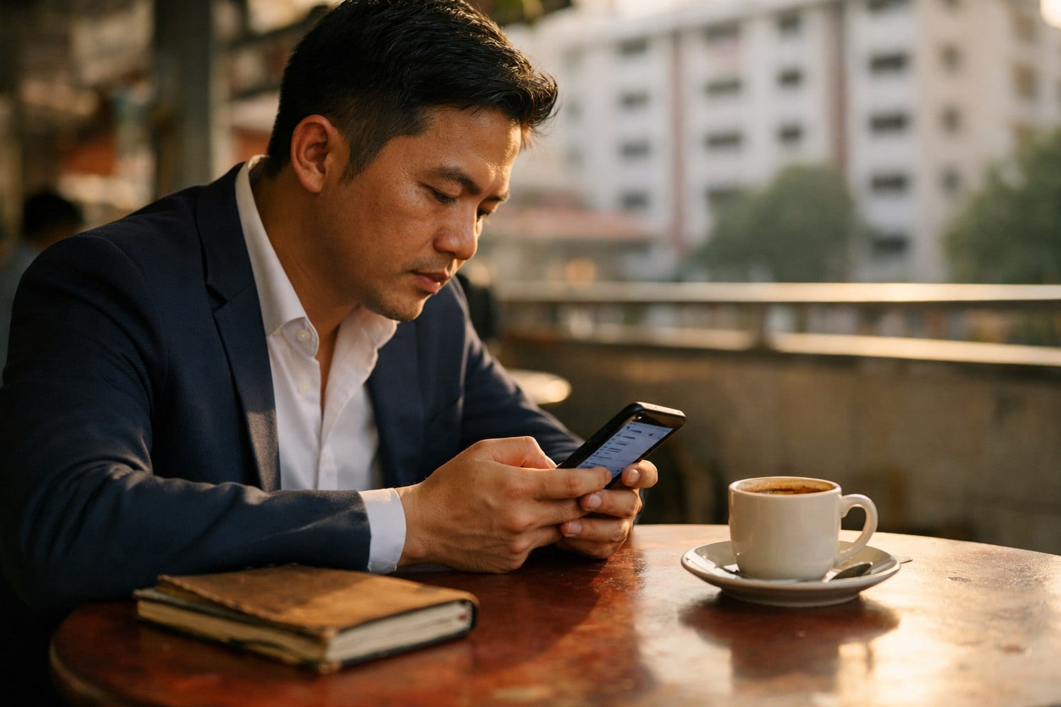 A Singapore property agent scrolling client conversations on a phone at a hawker centre table, an HDB block behind.