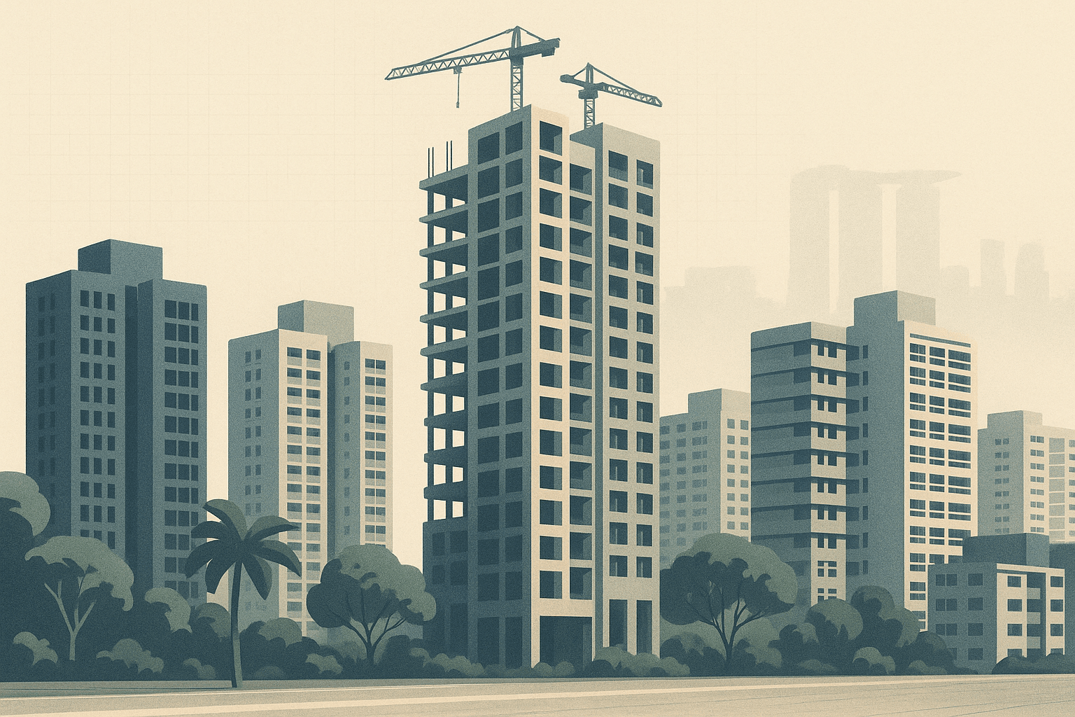 Editorial illustration of a Singapore residential district with a central condo tower shown partly under construction and partly completed, surrounded by other condo and HDB buildings, tropical greenery, and a faint city skyline.