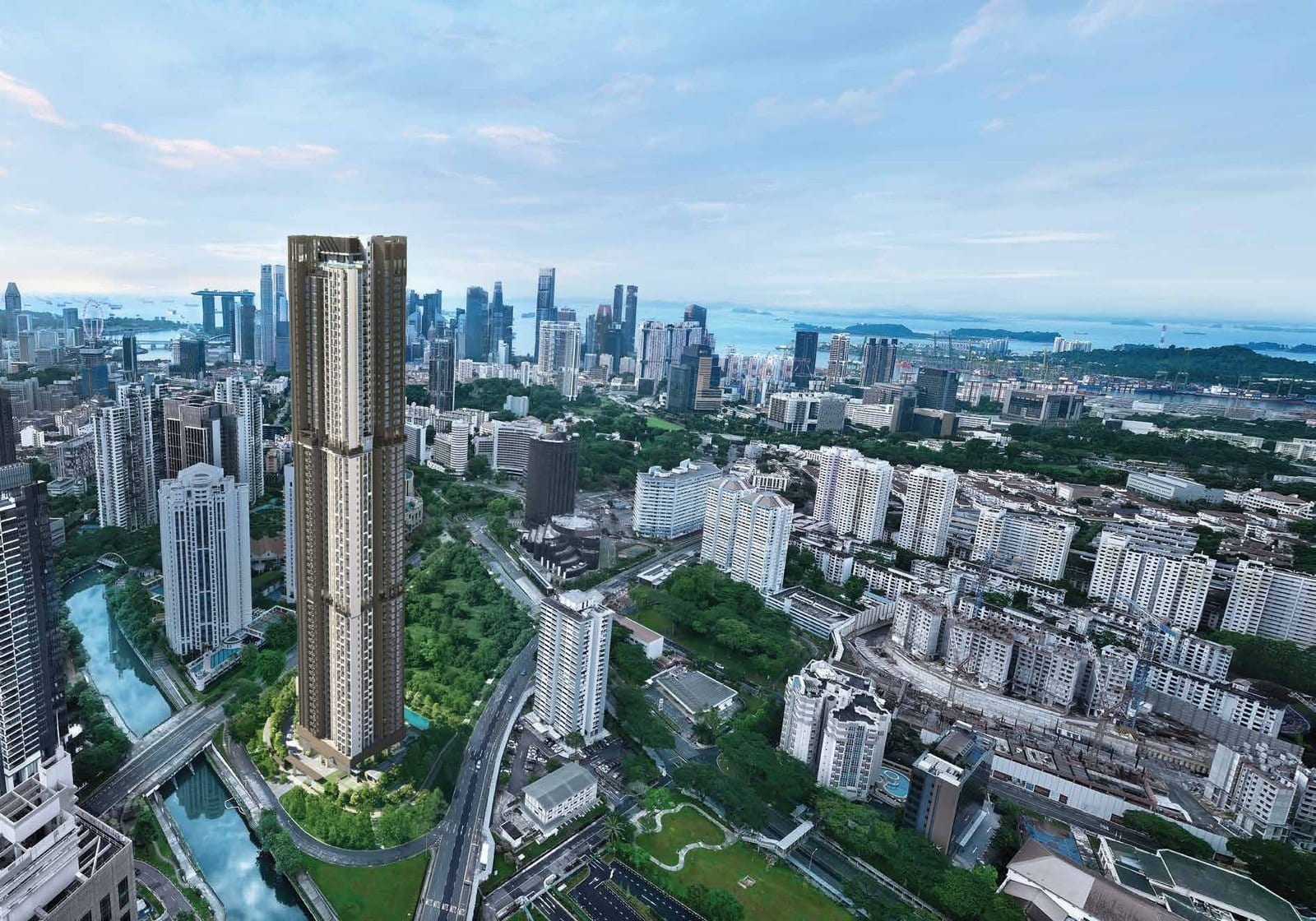 Aerial render of the slender Promenade Peak tower rising above the Singapore River and Great World, with the CBD, Marina Bay and the sea beyond, in District 3.