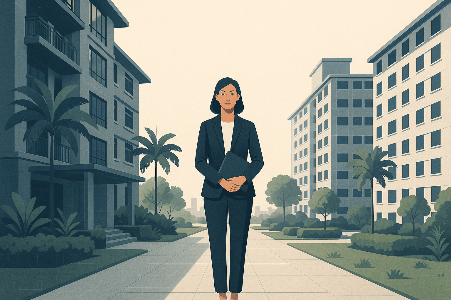 Editorial illustration of a Singapore property agent standing on a landscaped walkway between condominium towers and HDB blocks, with tropical greenery and a faint city skyline in the background.