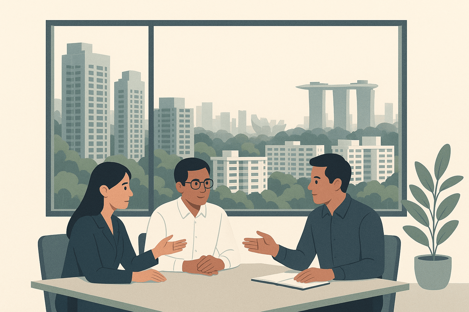 Three property professionals meeting around a simple table with a view of Singapore HDB blocks, condominium towers, and tropical greenery beyond the window.