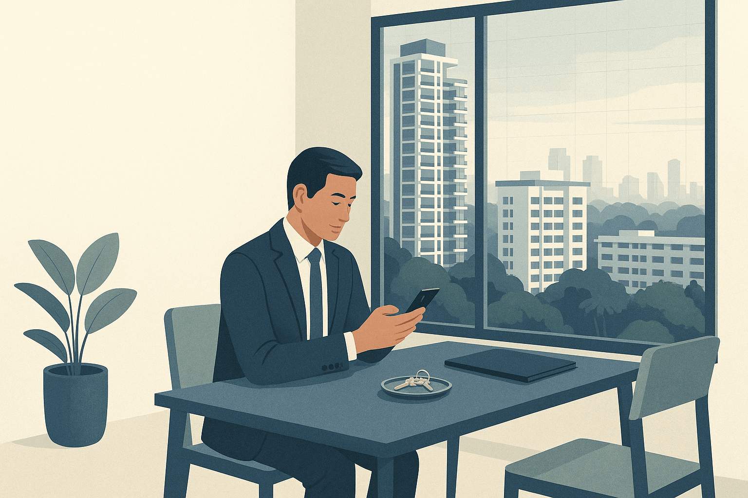 A Singapore property agent sits in a bright apartment holding a phone after a completed transaction, with keys on the table and condominium towers, HDB blocks, and greenery visible outside.