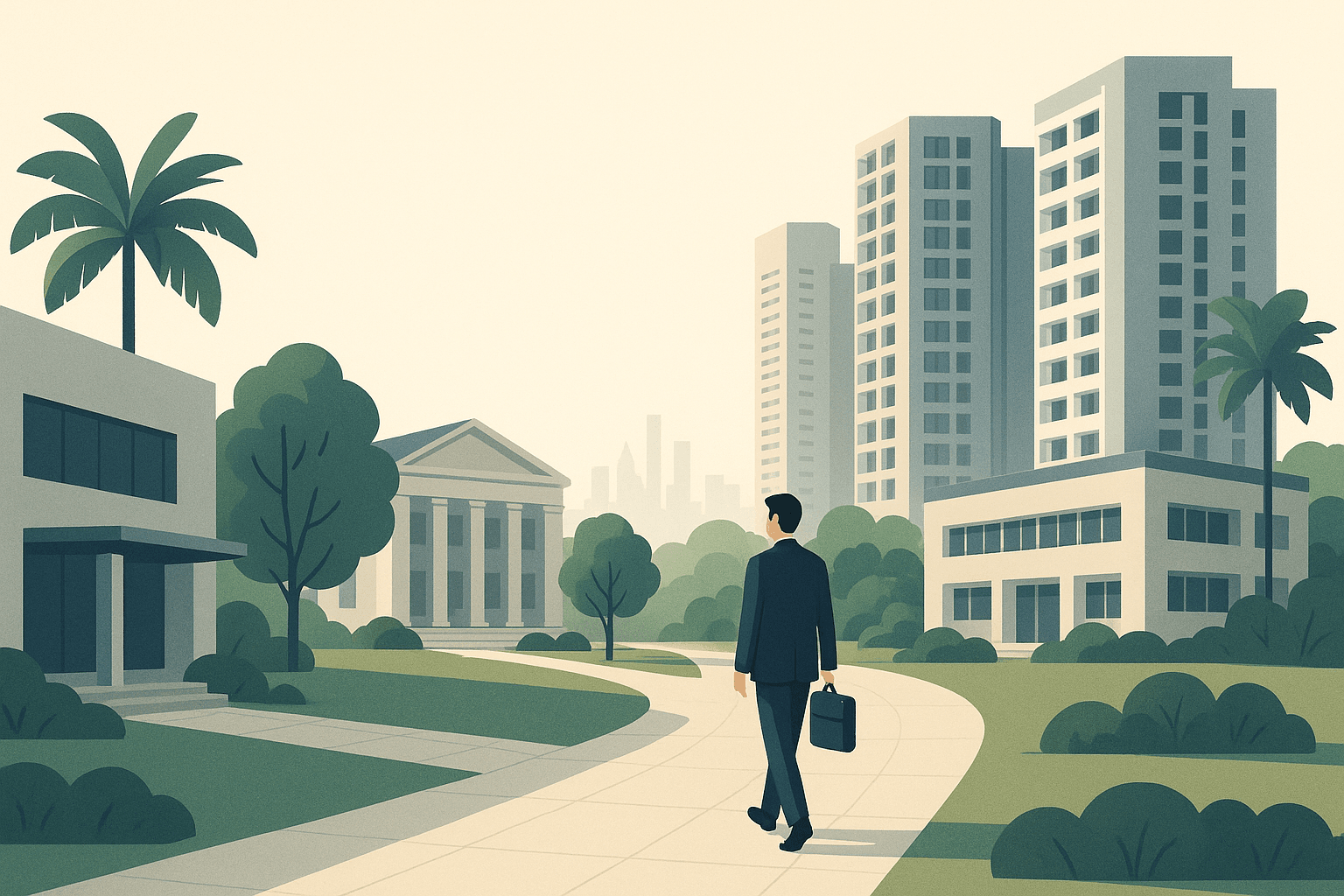 A young professional stands on a landscaped path in a Singapore housing district, with condo towers, HDB blocks, greenery, and a subtle progression of buildings leading toward the skyline.