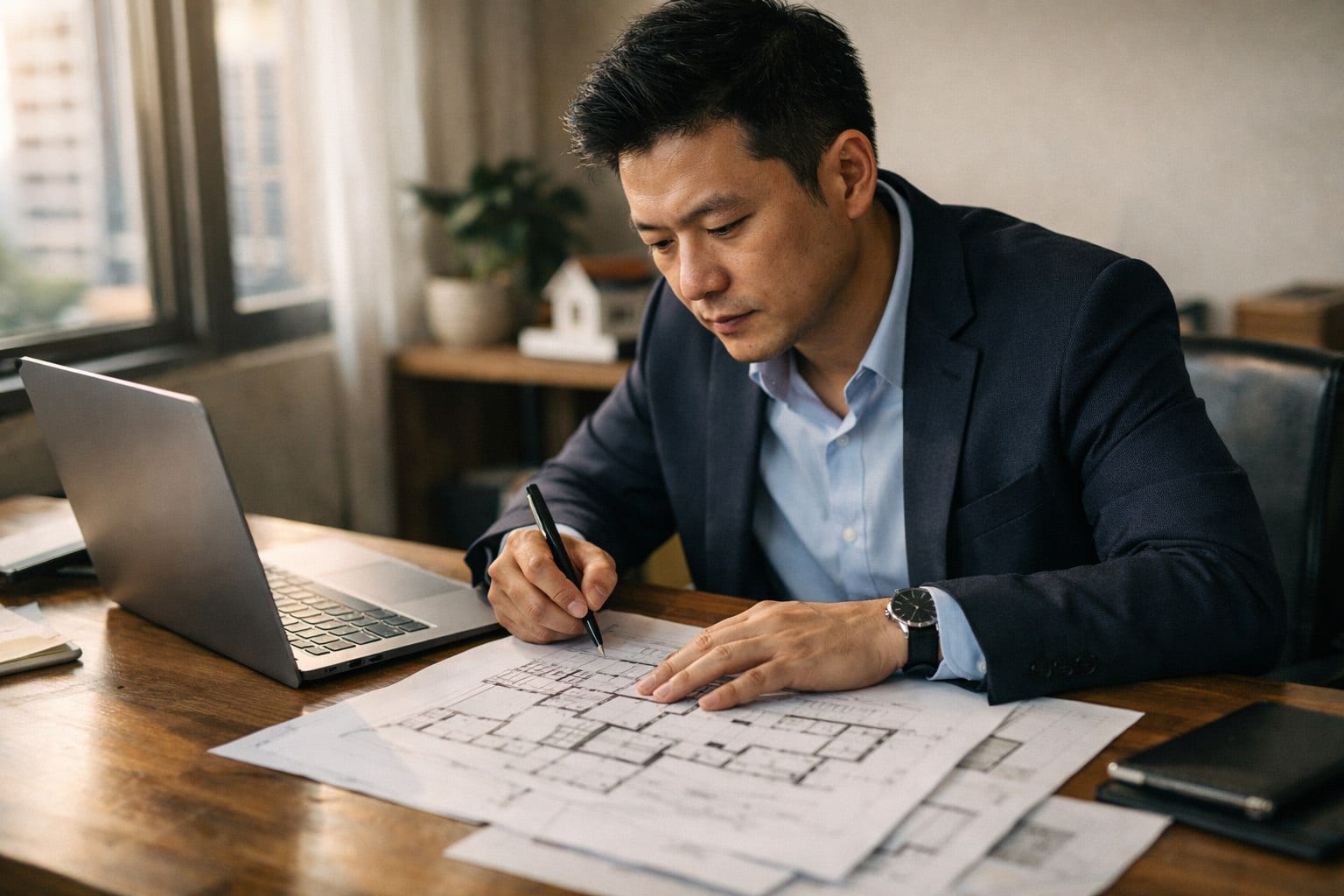 A Singapore property agent working at a desk with a laptop and printed floor plans.