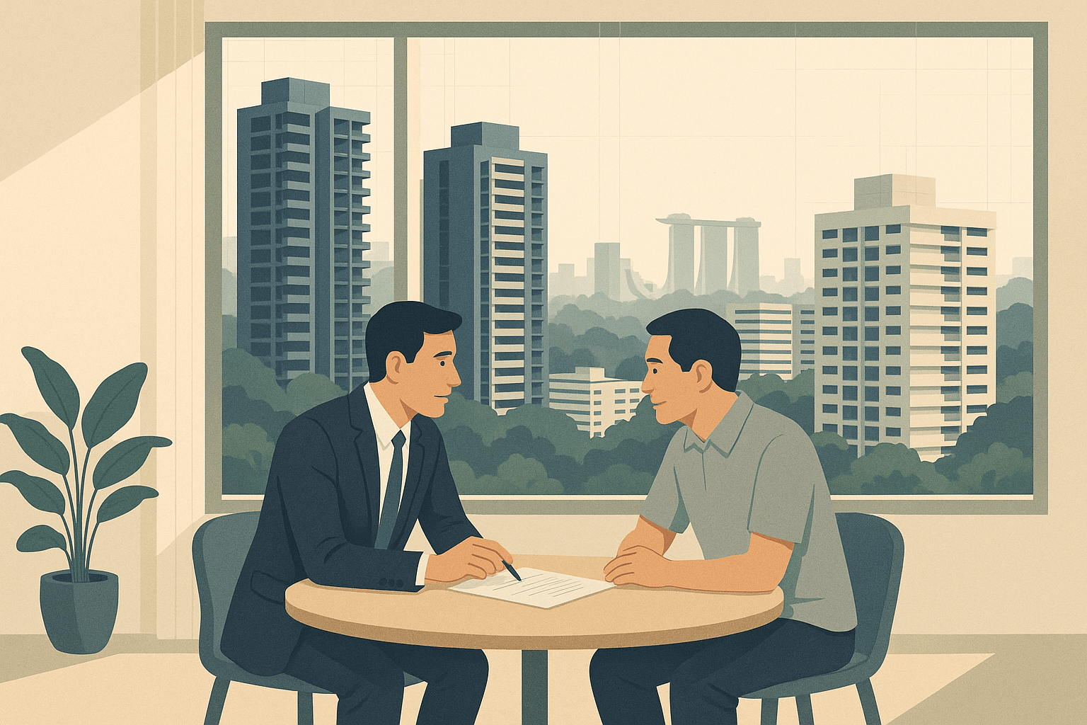 A property agent and homeowner in a modern Singapore home discussing details at a table, with condo towers, HDB blocks, and tropical greenery visible through a large window.
