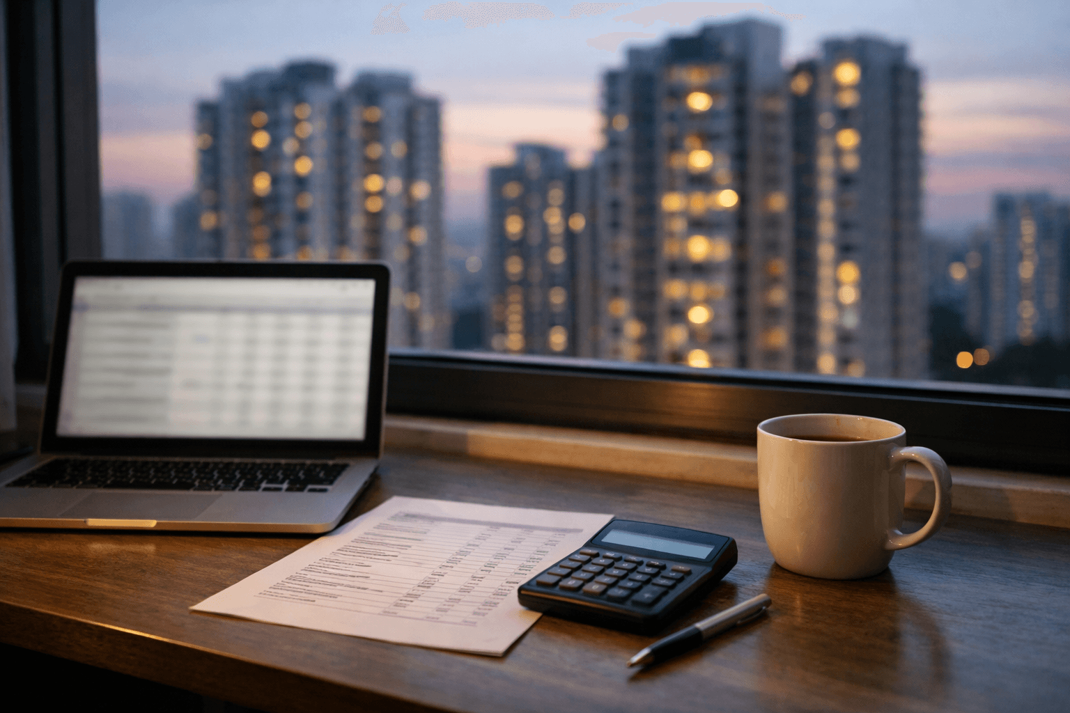 A desk by a window with a laptop showing a spreadsheet, a printed budget sheet, a calculator and a coffee mug, with lit condominium towers outside at dusk.