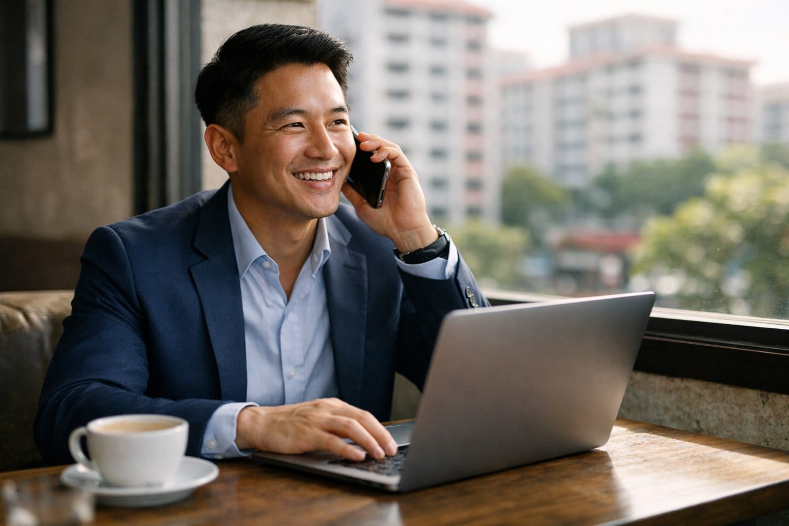 A Singapore property agent taking a call at a café table, an HDB estate visible outside.