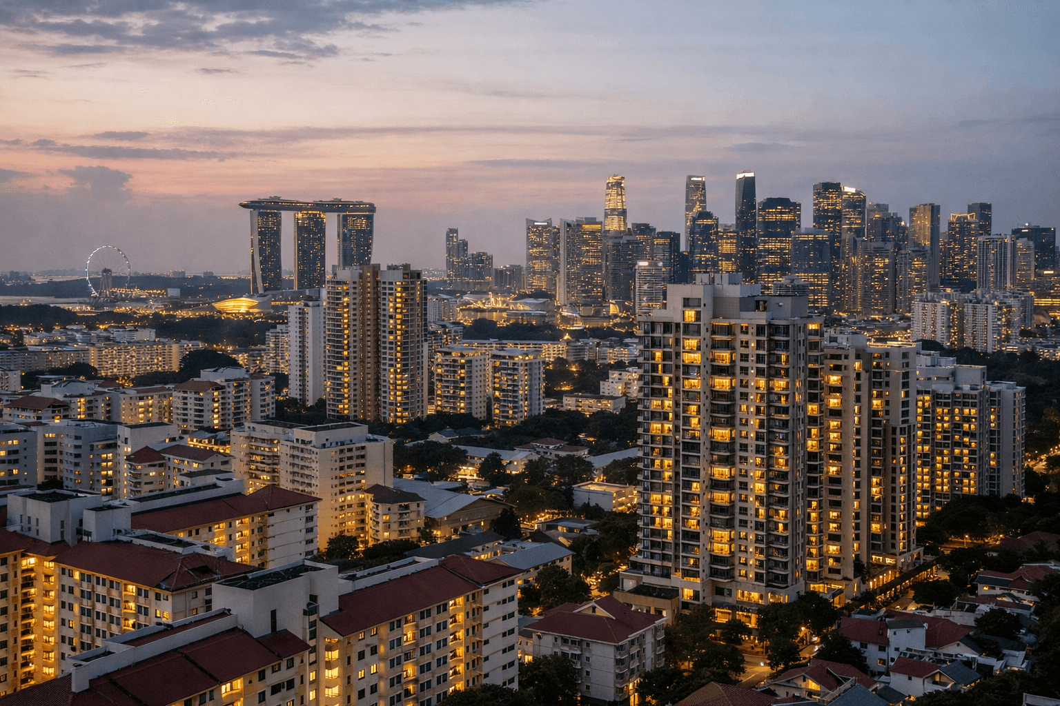 The Singapore city and residential skyline at dusk, representing the choice between different property tools.