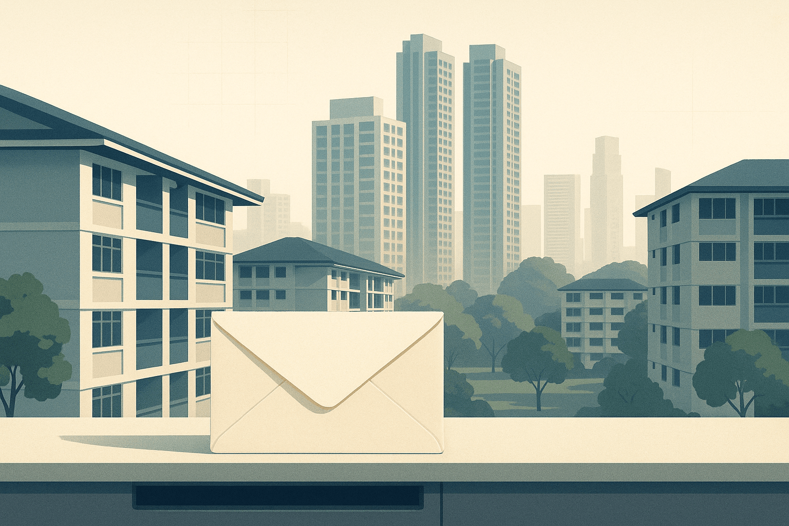 A clean editorial illustration of an unmarked envelope on a ledge in the foreground, with Singapore HDB blocks and condominium towers among greenery in the background.