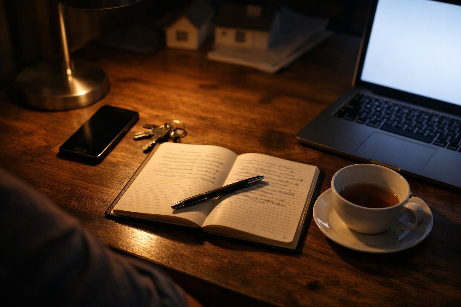 A property agent's desk at night with a laptop, an open notebook and a phone, mid-decision.
