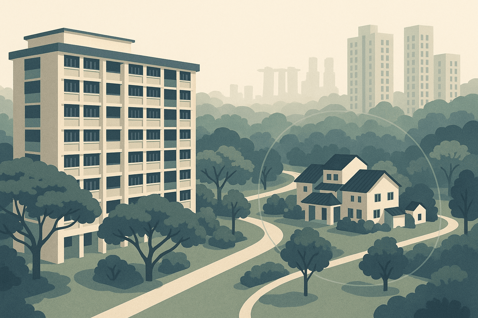 Editorial illustration of a Singapore neighbourhood with a prominent HDB block, another nearby family home cluster, condo towers in the distance, tropical greenery, and a subtle map-like sense of close residential proximity.
