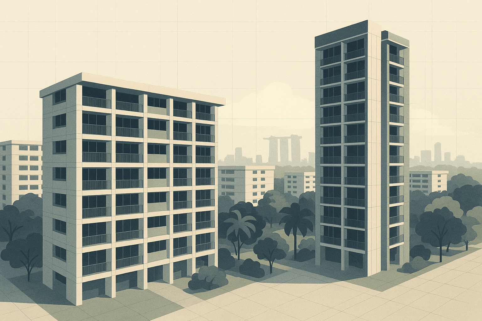Editorial illustration of two contrasting condo developments in a Singapore neighbourhood, with one broader and heavier in visual mass and the other slimmer and more compact, framed by HDB blocks, tropical greenery, and a faint city skyline.