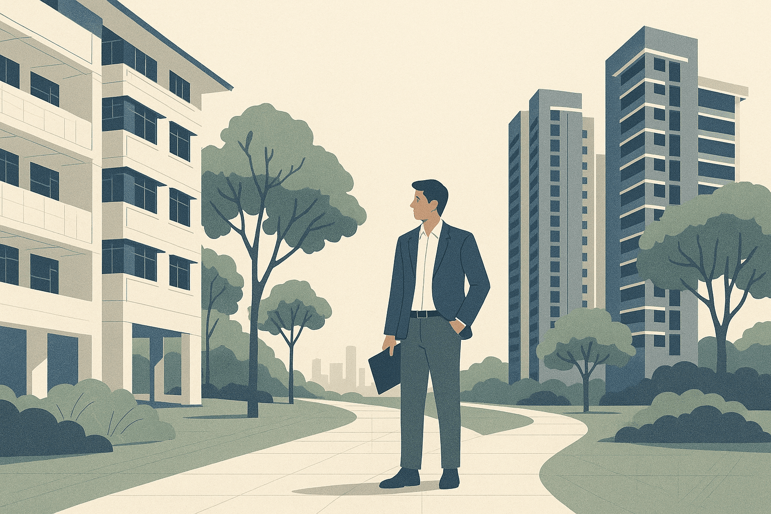 A Singapore property agent stands on a branching landscaped walkway between HDB blocks and condominium towers, with tropical greenery and a faint city skyline in the background.