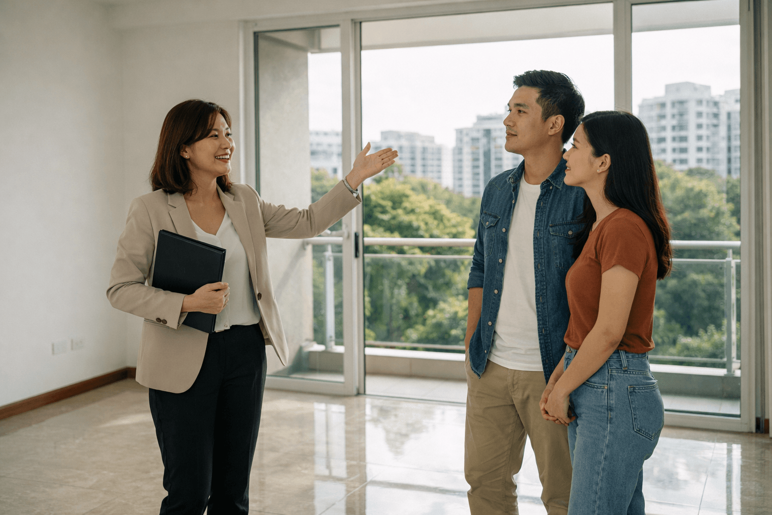 A young couple being shown around a bright, empty apartment during a property viewing.