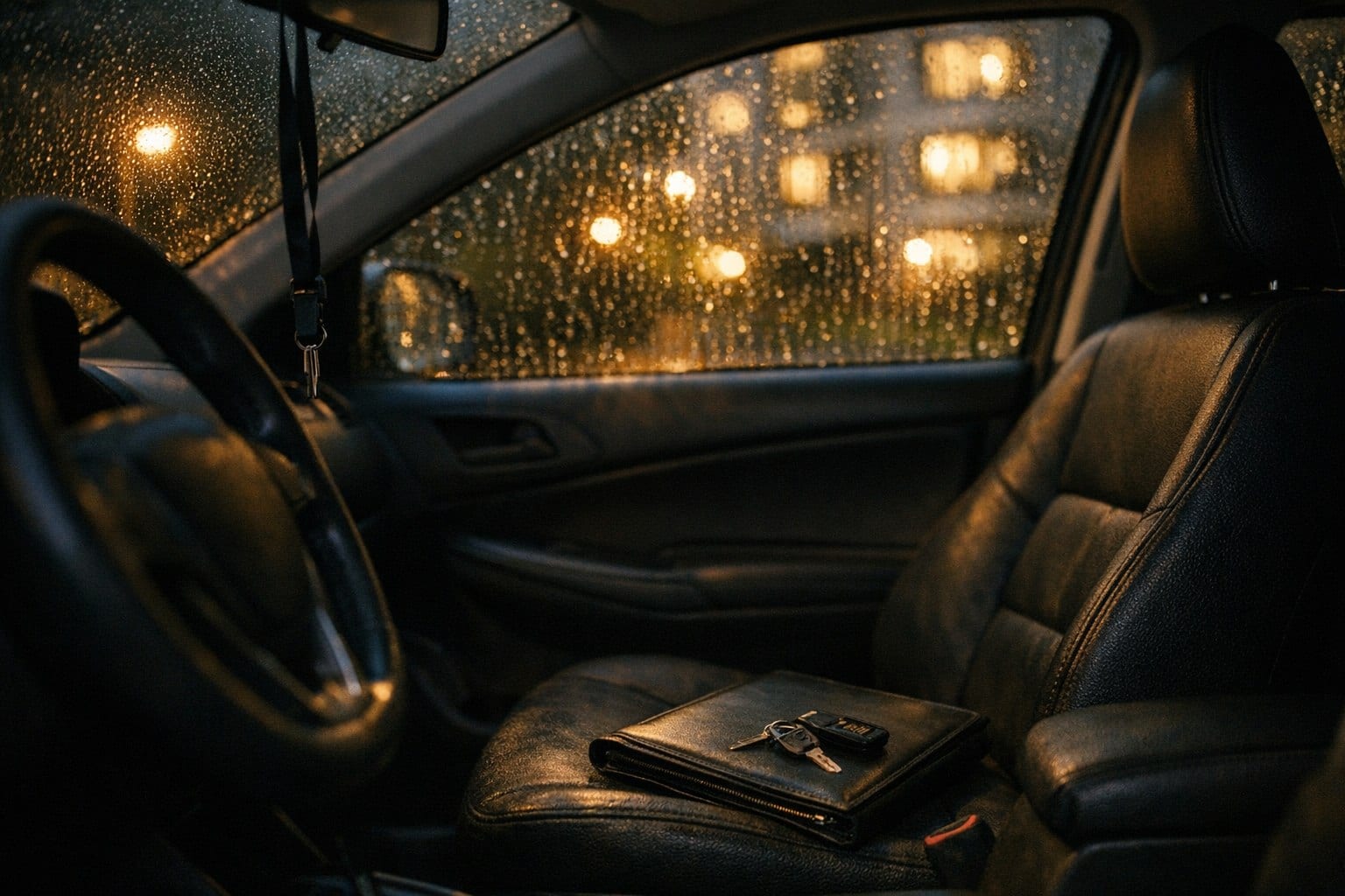 A parked car outside a condominium in the evening, folder and keys on the seat, rain on the window.
