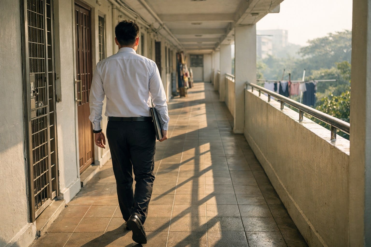 A property agent walking along an open HDB corridor in the morning, folder under one arm.