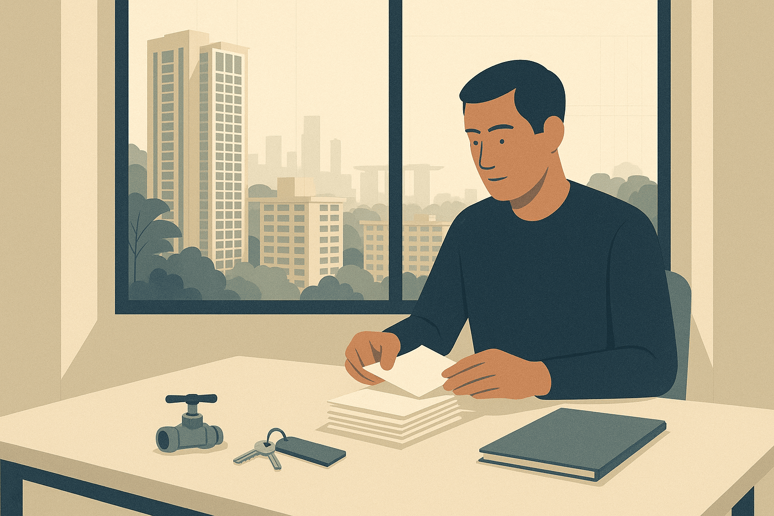 A landlord or property agent in a Singapore apartment calmly organizing plain expense papers and keys at a table, with HDB blocks, condo towers, and tropical greenery visible through the window.