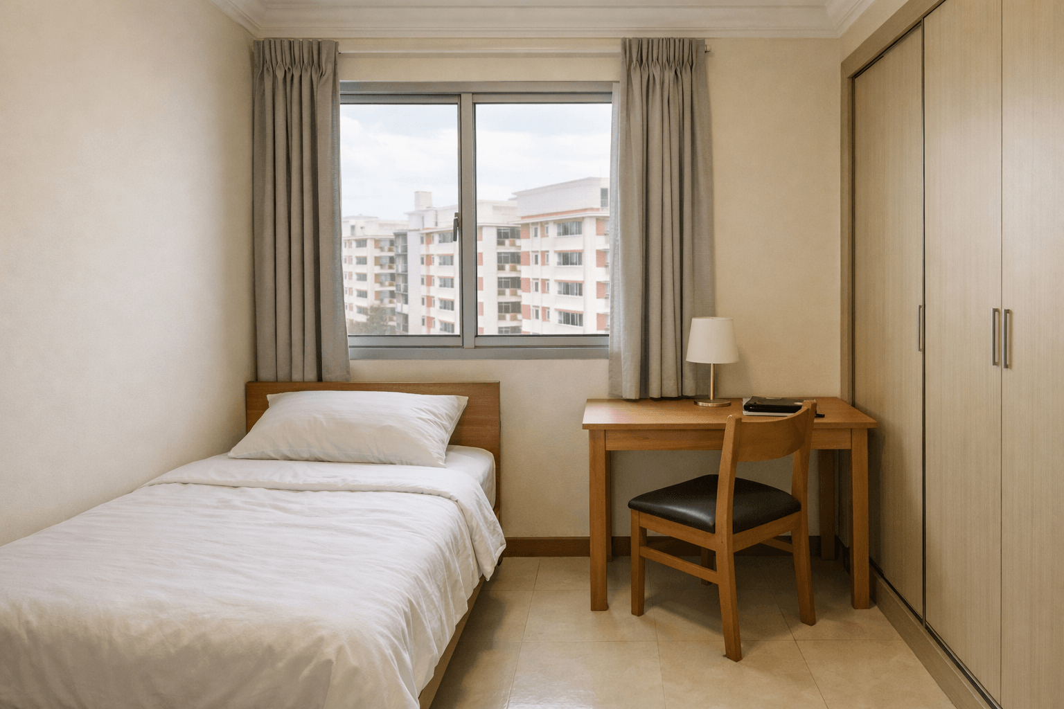 A tidy spare bedroom in an HDB flat, made up and ready for a tenant.