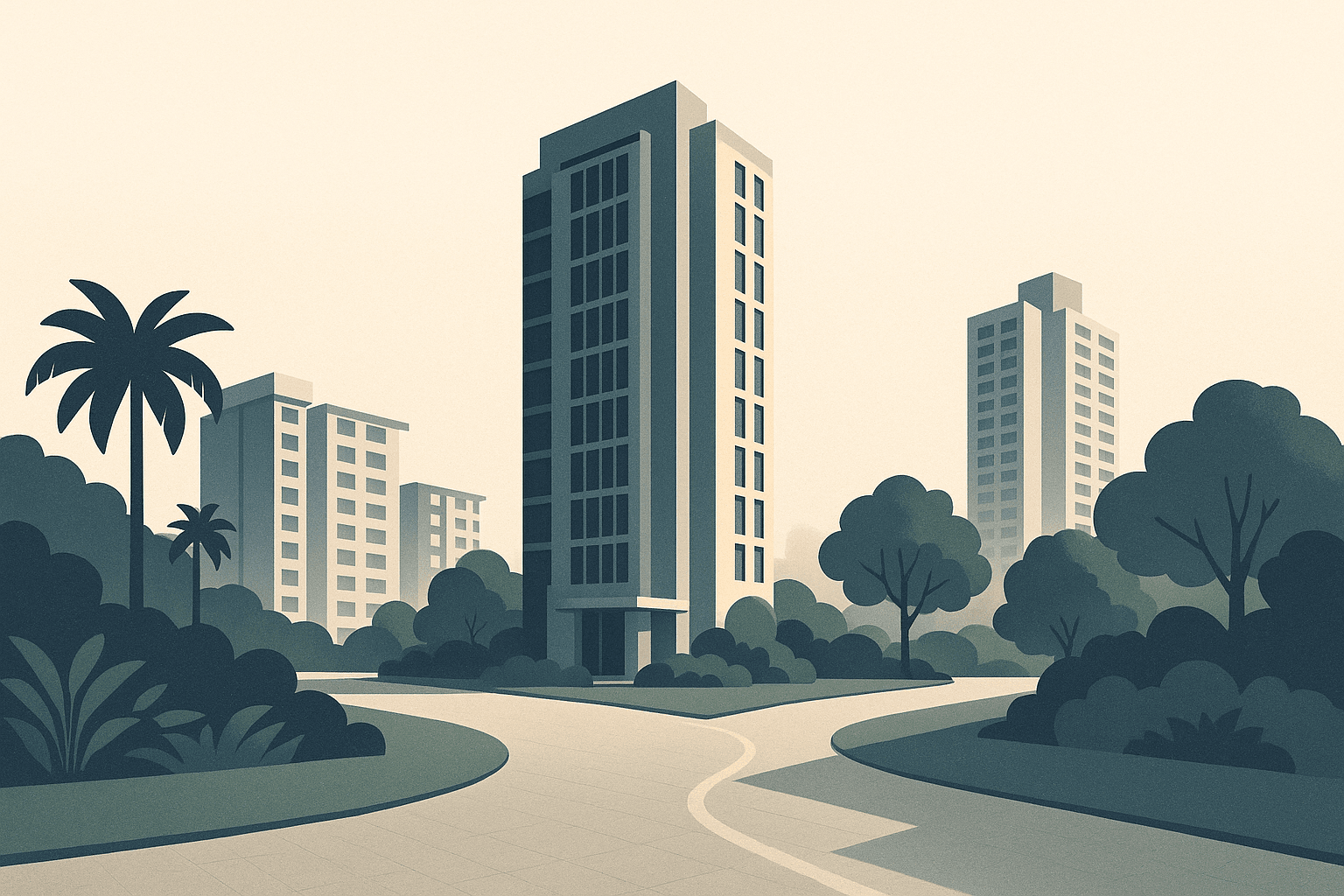 Editorial illustration of a Singapore residential neighbourhood with a central condominium tower, nearby HDB blocks, tropical greenery, and two subtle pathways through the landscape suggesting different home loan routes.