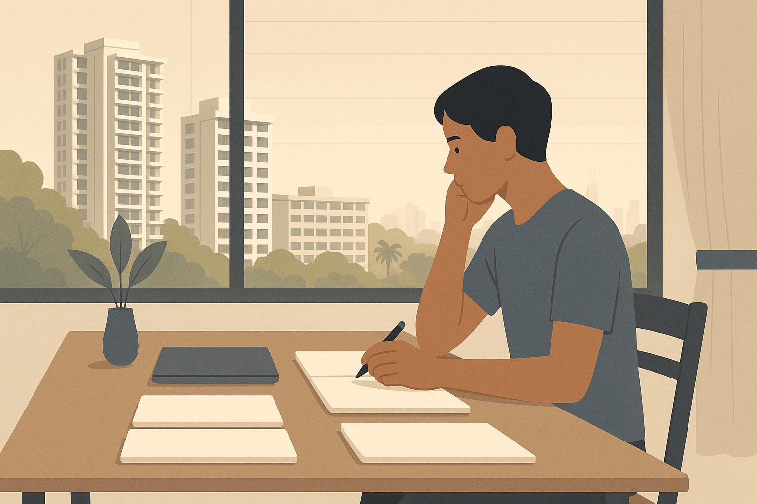 Working adult in a Singapore home planning study time at a table by a window overlooking condominium towers, HDB blocks, and tropical greenery