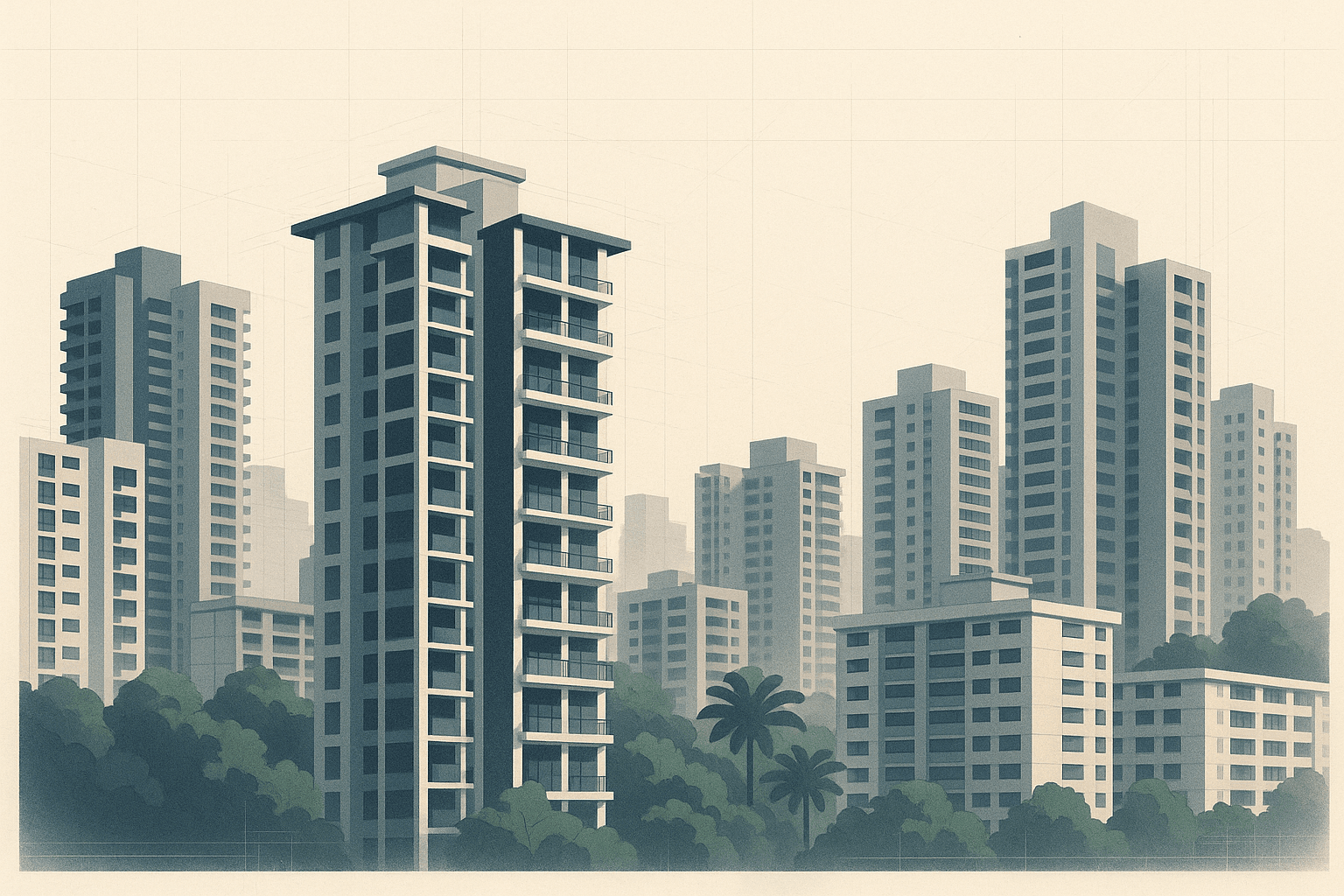 A calm Singapore neighbourhood scene with one residential tower subtly emphasized among nearby condominium and HDB blocks, set against a warm neutral background with tropical greenery and a faint city skyline.
