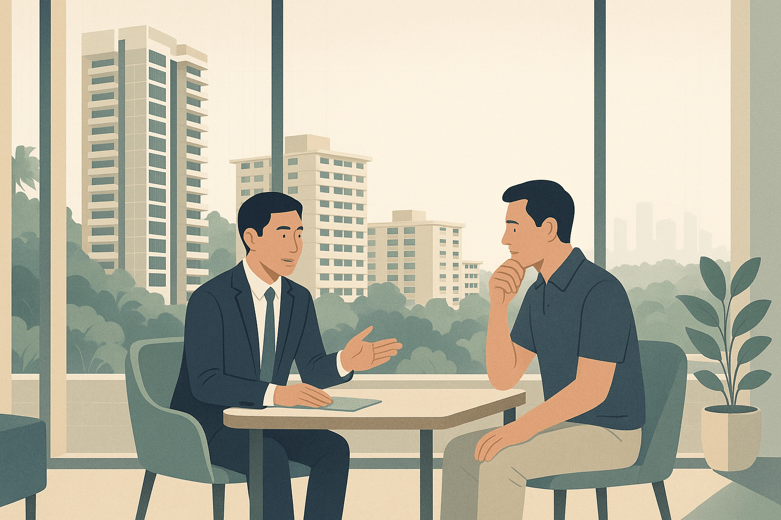 A Singapore property agent calmly speaking with a hesitant homeowner at a small table, with condominium towers, HDB blocks, and tropical greenery visible through large windows.