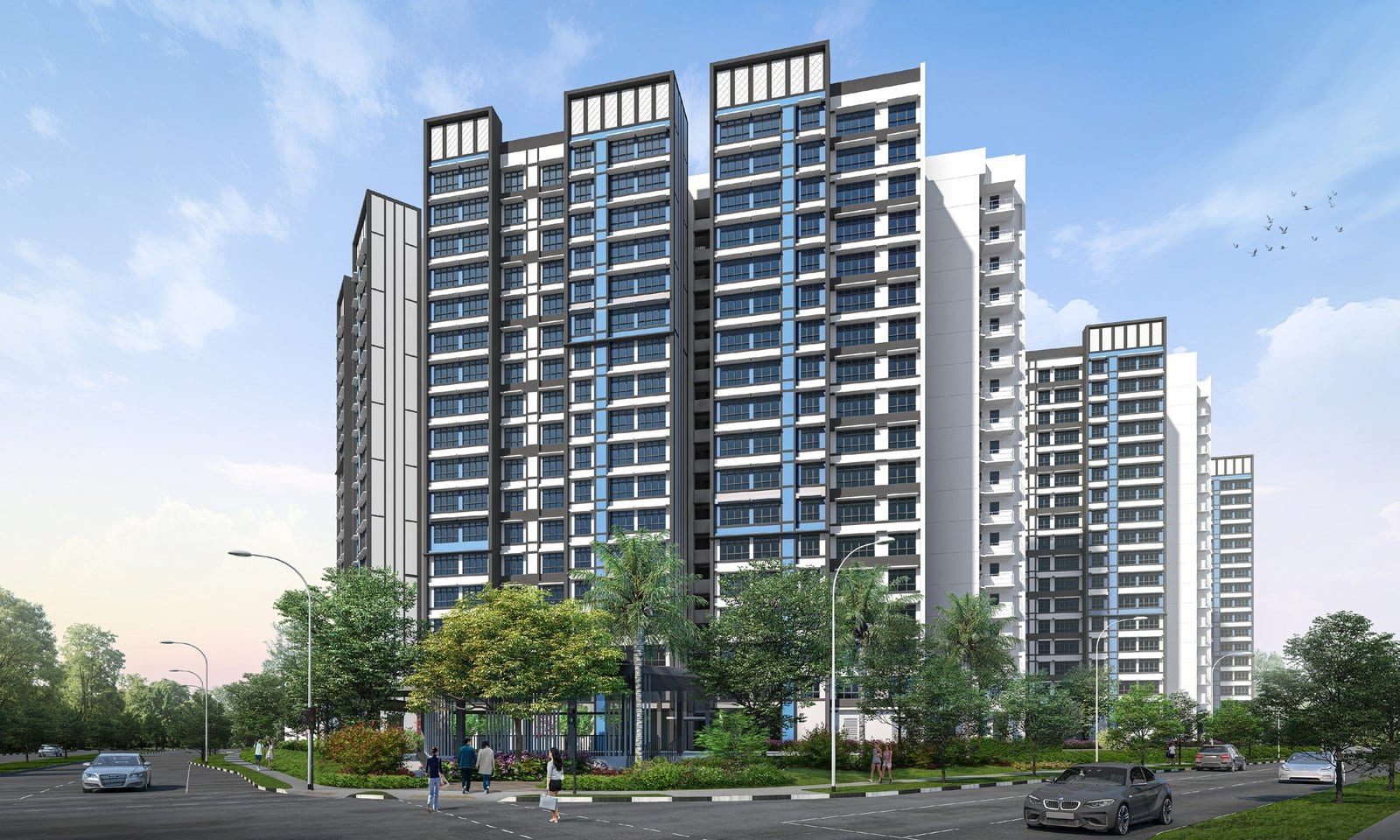 HDB's artist's impression of Sembawang Beacon: blue-accented blocks behind a landscaped street.