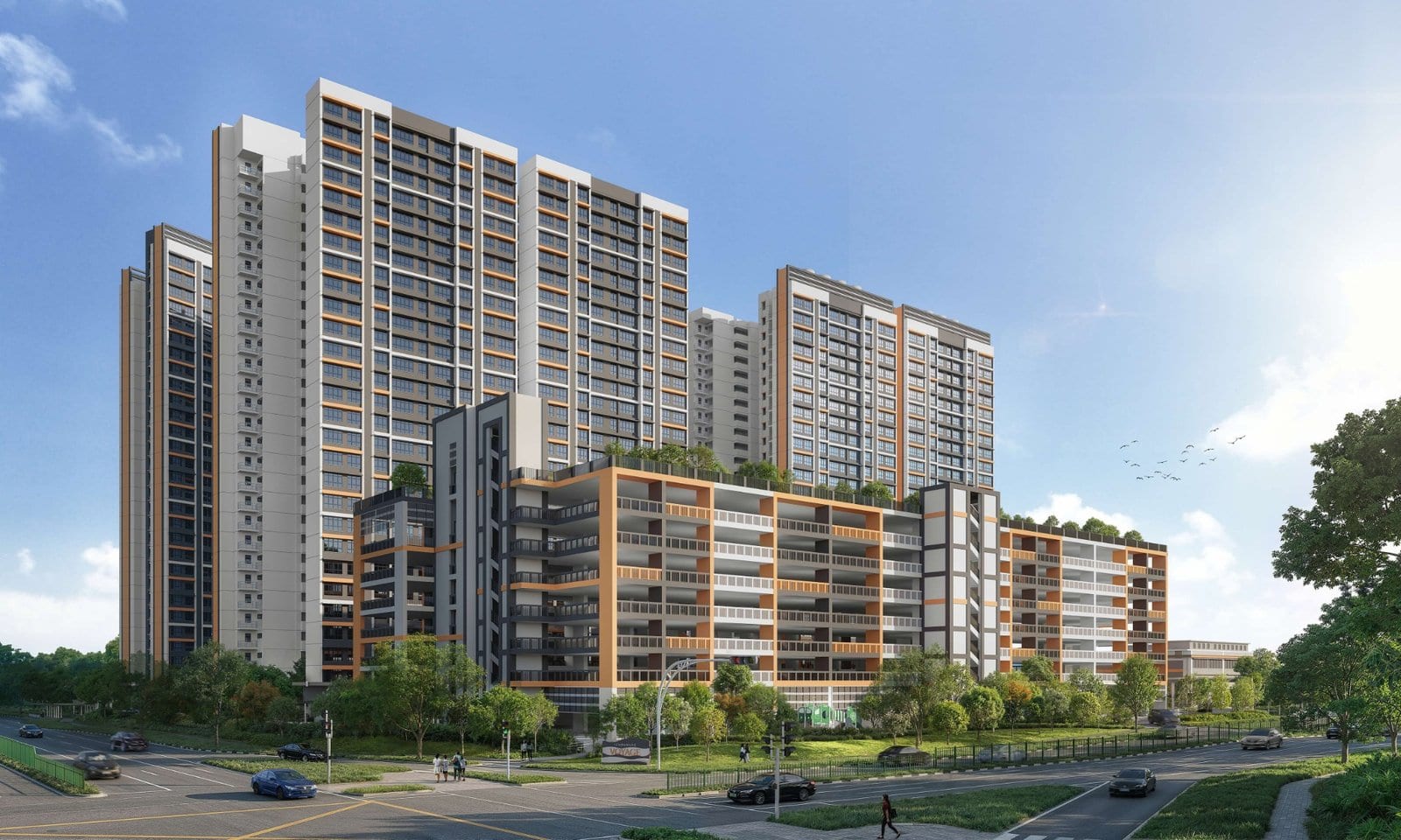 HDB's artist's impression of Sembawang Voyage: tall blocks with a car park and roof garden along a road.