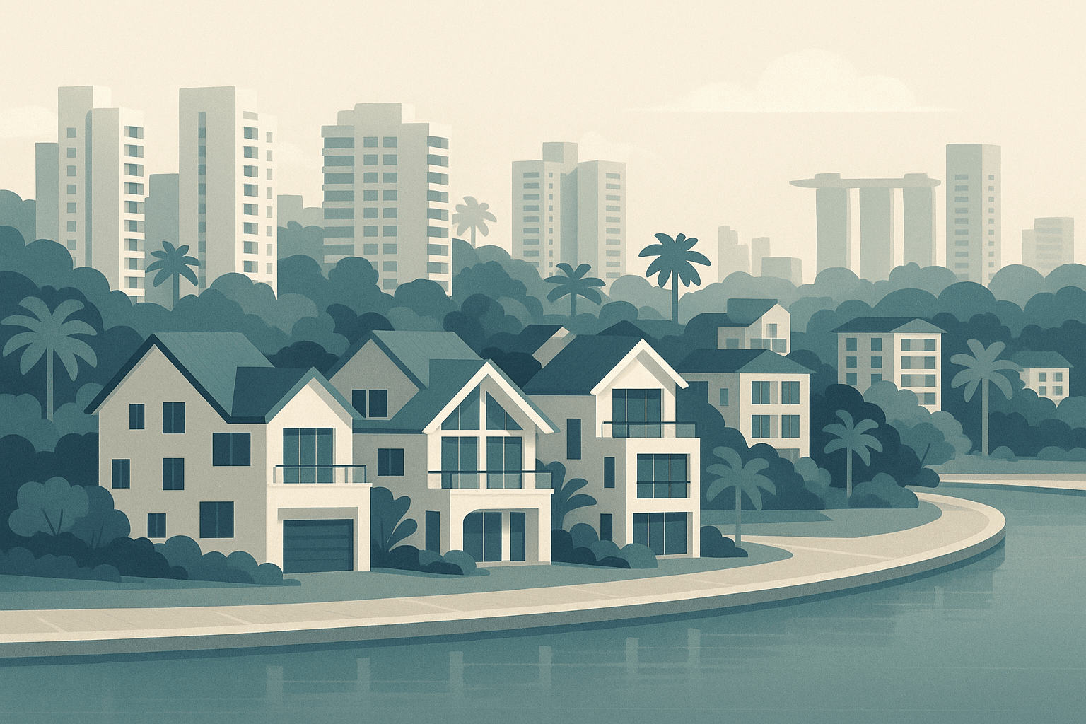Illustrated Singapore waterfront neighborhood with marina-side landed homes in the foreground, condominium towers and HDB blocks behind, tropical greenery, and a faint city skyline in the distance.