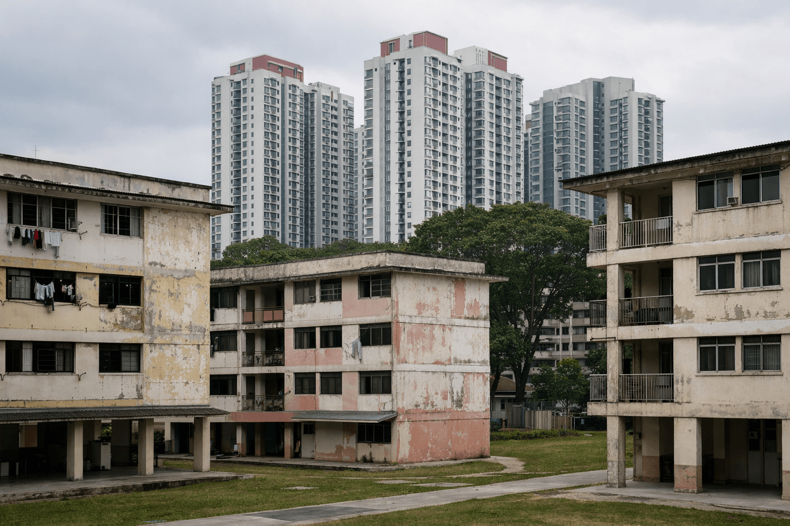Old low-rise HDB blocks in the foreground with newer high-rise HDB blocks behind them.