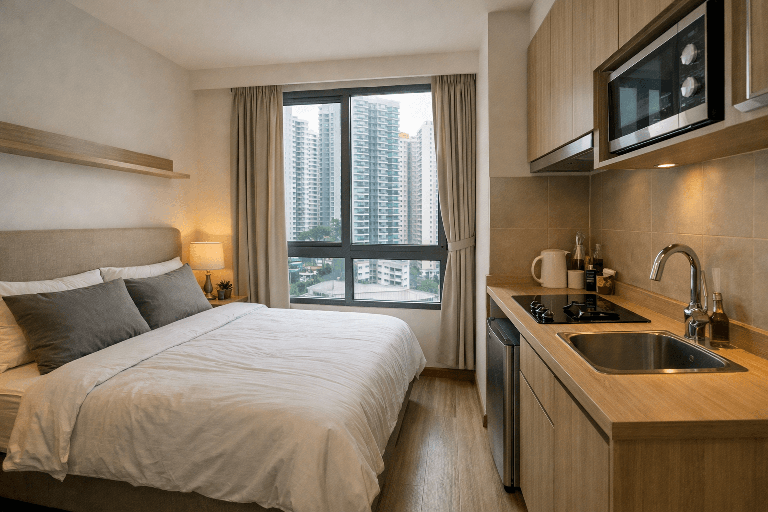 A compact one-room condominium unit in Singapore with a bed, small kitchenette and a window.