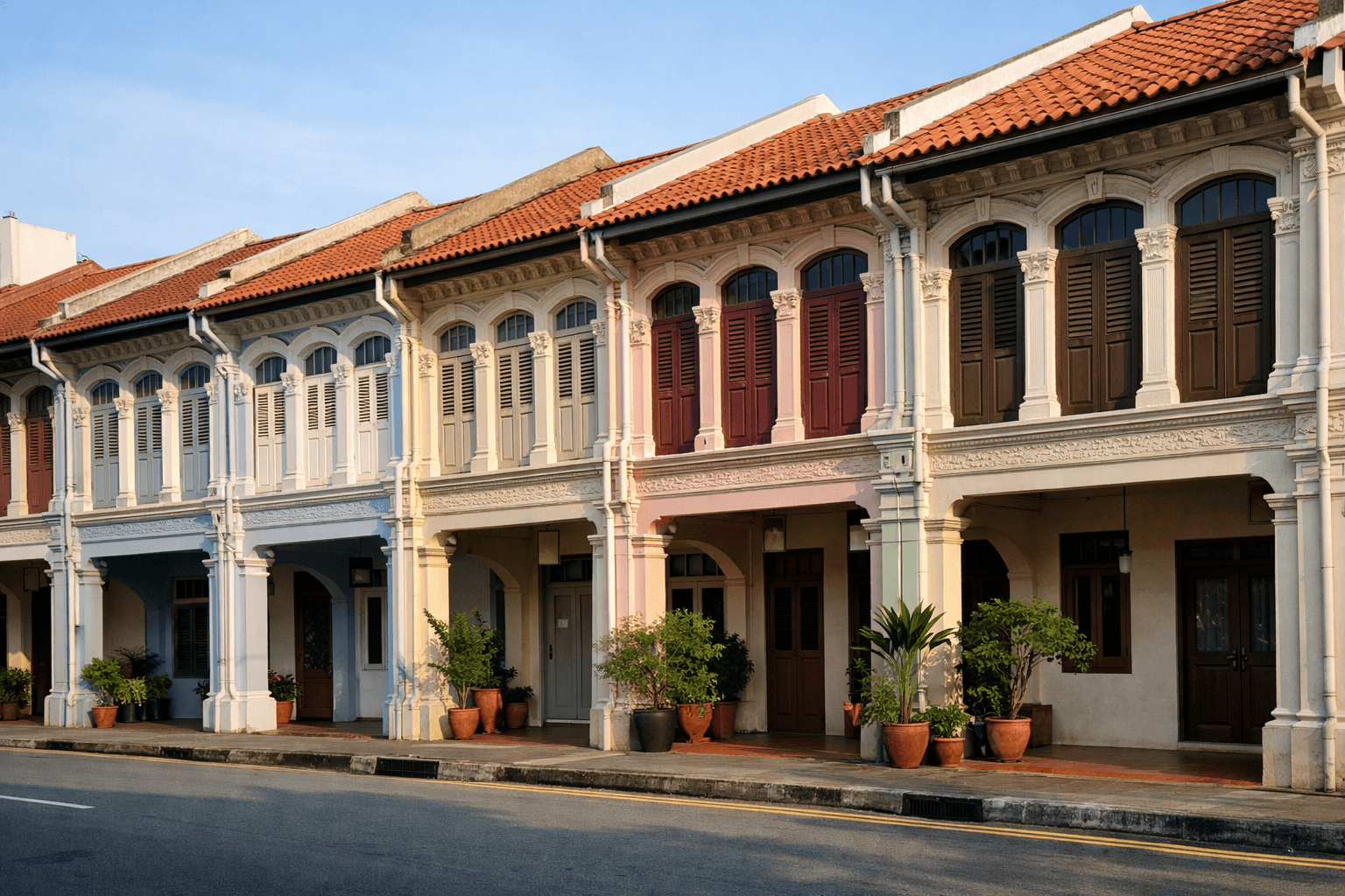 A row of restored two-storey shophouses with timber shutters and a covered five-foot way in Singapore.