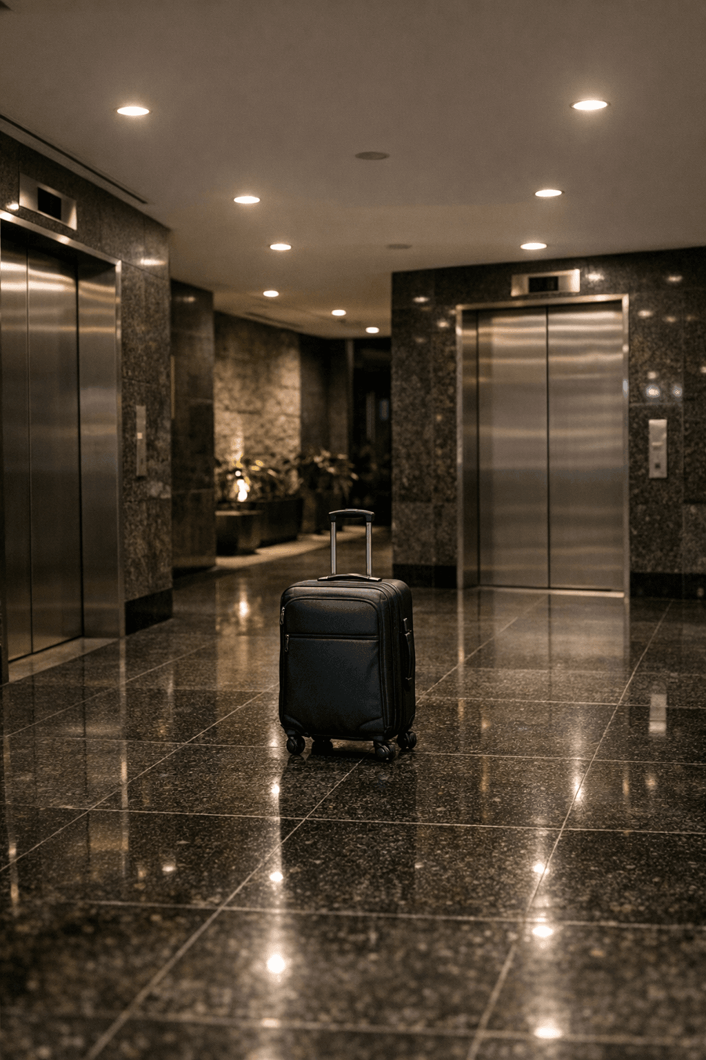A single suitcase standing alone in a Singapore condominium lift lobby at night