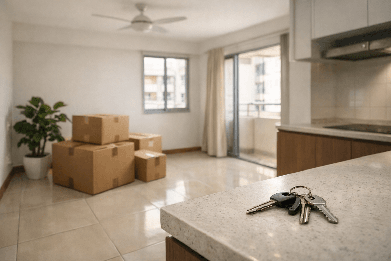 Moving boxes and a set of keys in the living room of a smaller HDB flat on moving day.